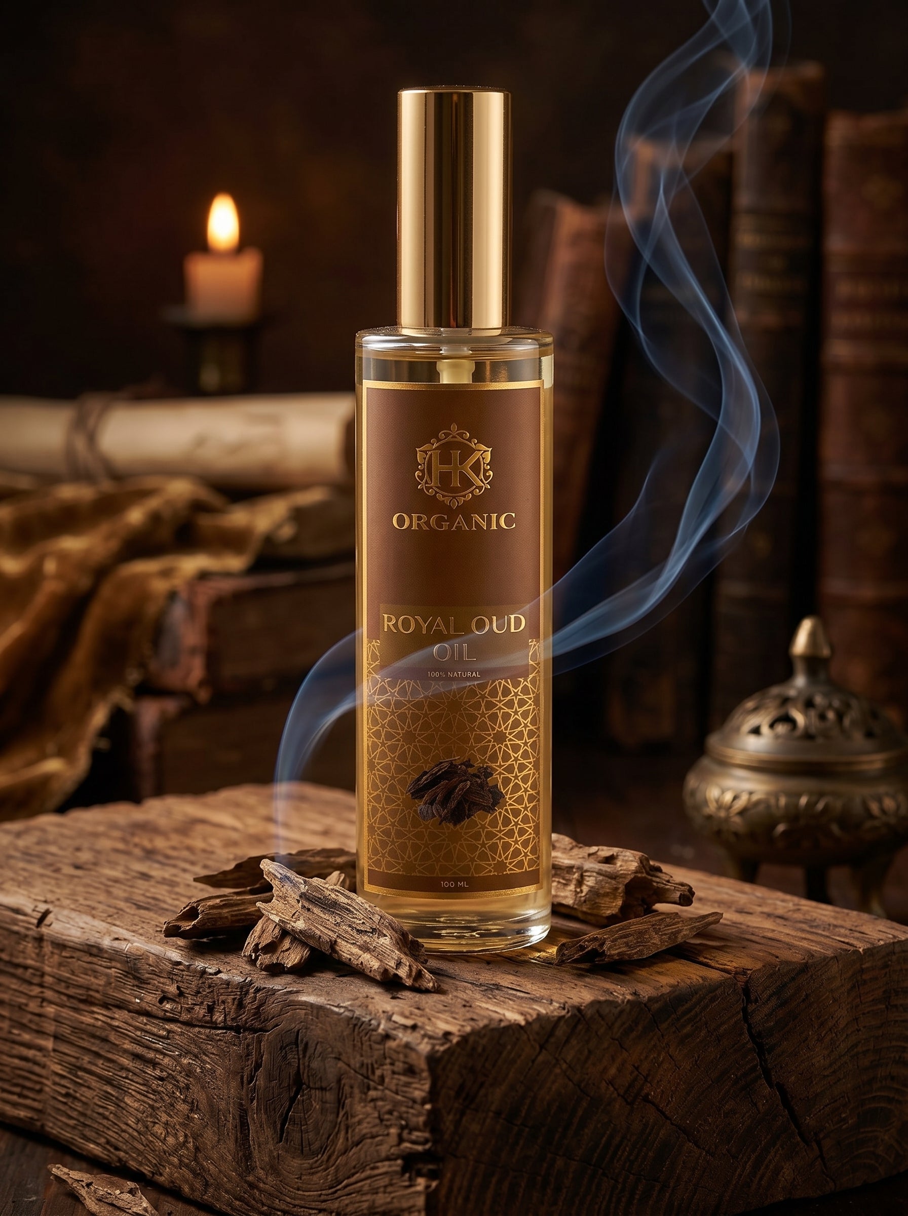 Bottle of Organic Royal Aoud Oil on a wooden surface with smoke and books in the background