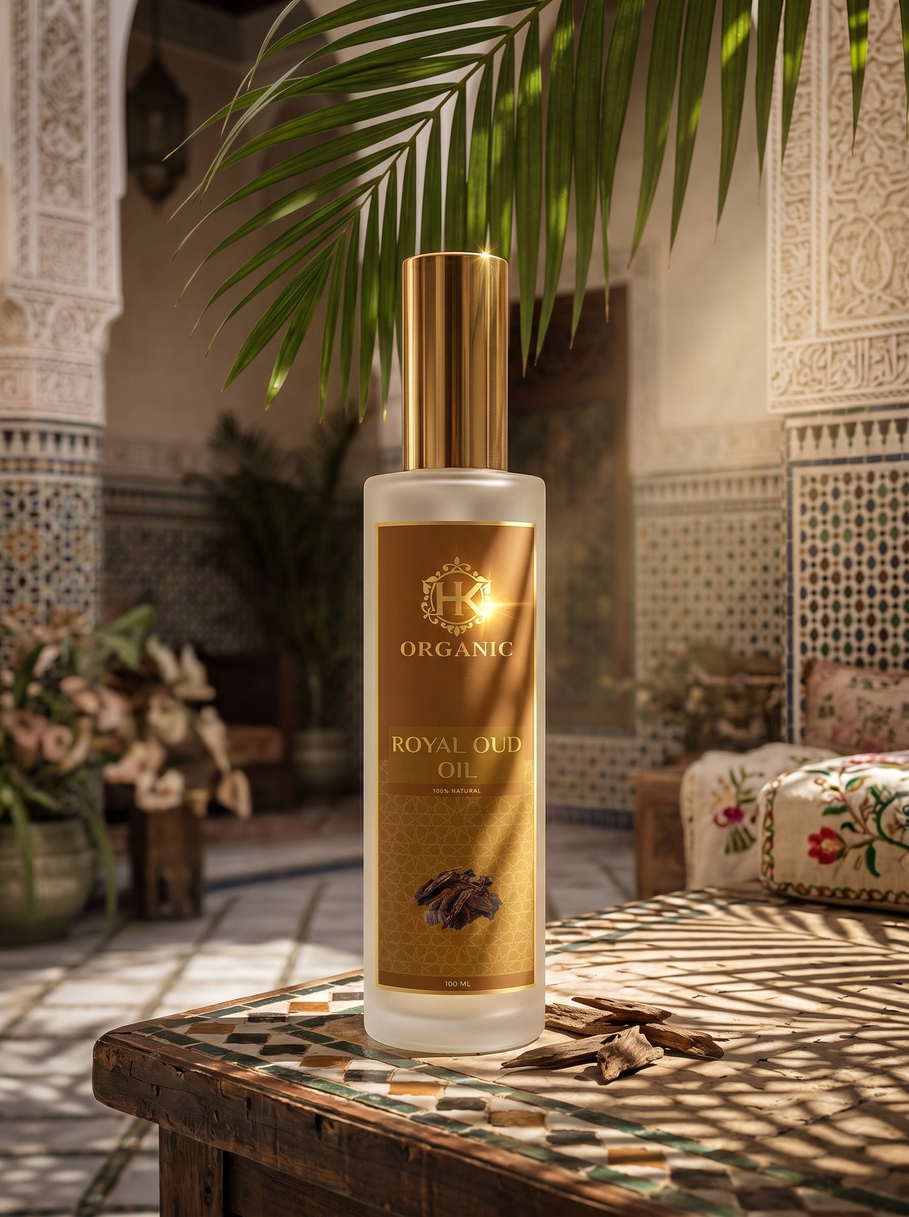 Bottle of Royal Oudh Oil on a table with decorative background