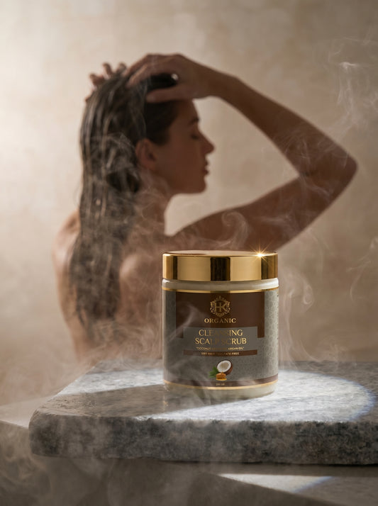 Woman washing hair with a jar of 'Cleansing Scalp Rub' in the foreground