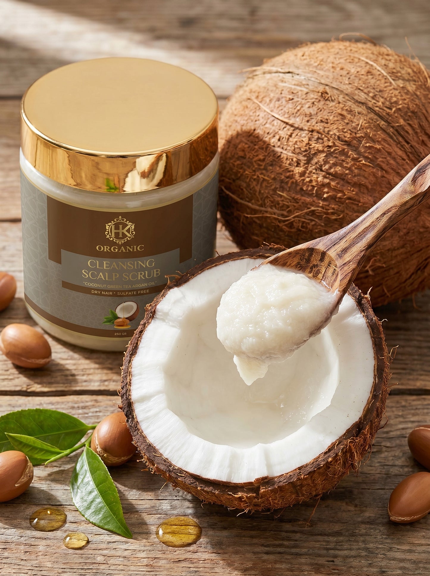 Cleansing scalp scrub jar with a scoop of product, coconut, and seeds on a wooden surface.