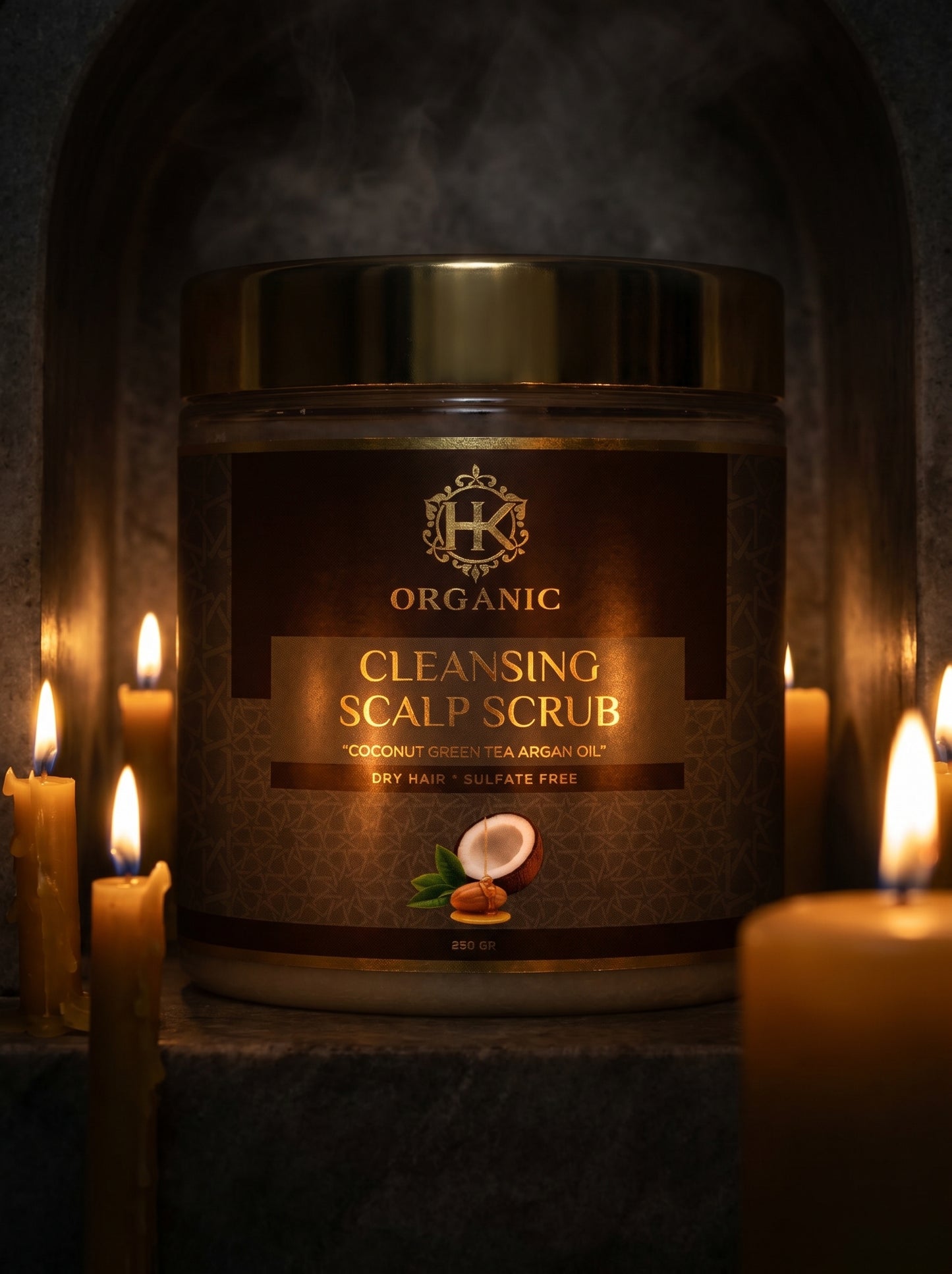 Jar of organic cleansing scalp scrub with candles in the background