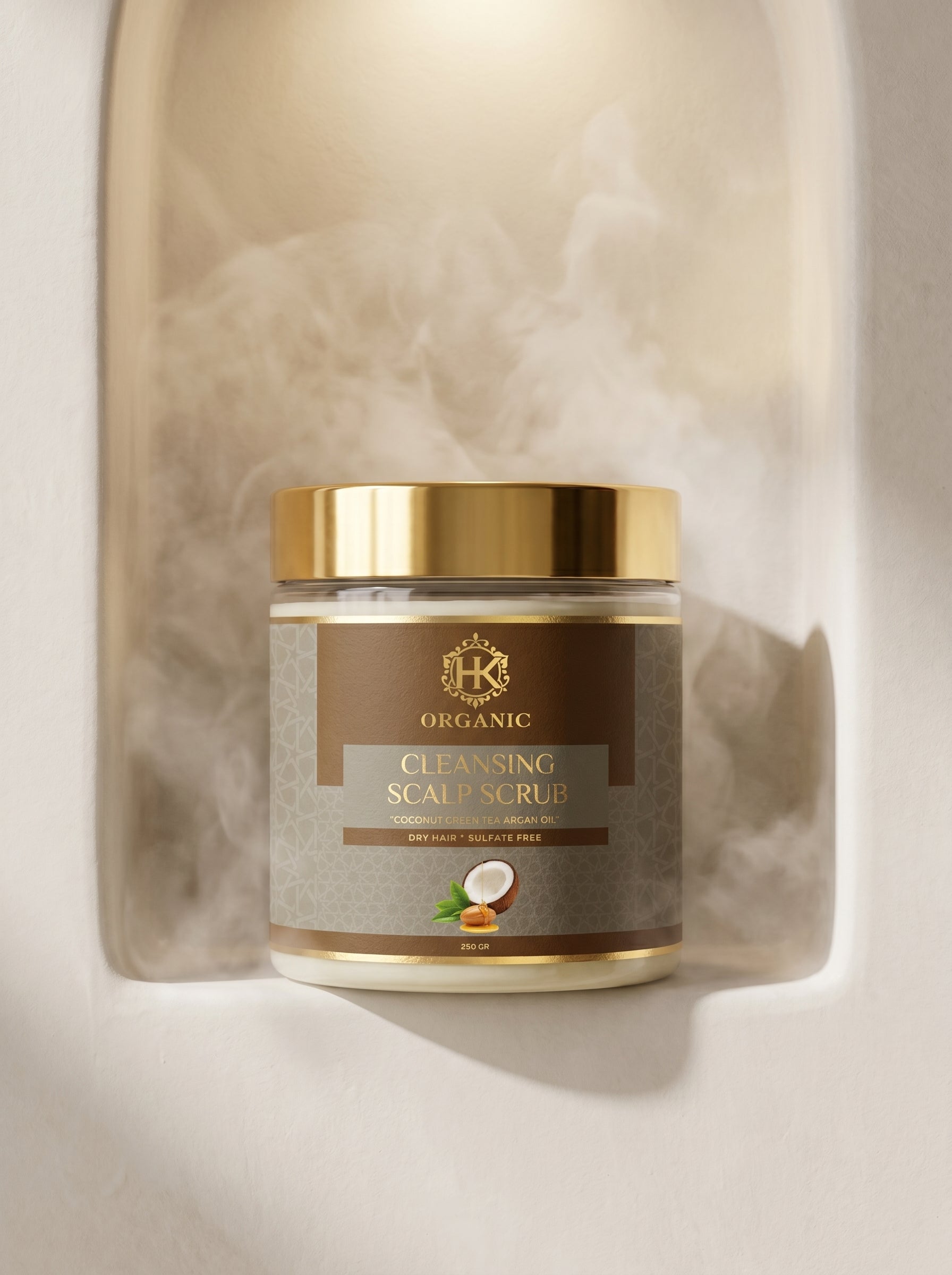 Jar of cleansing scalp scrub with gold lid on a textured beige background