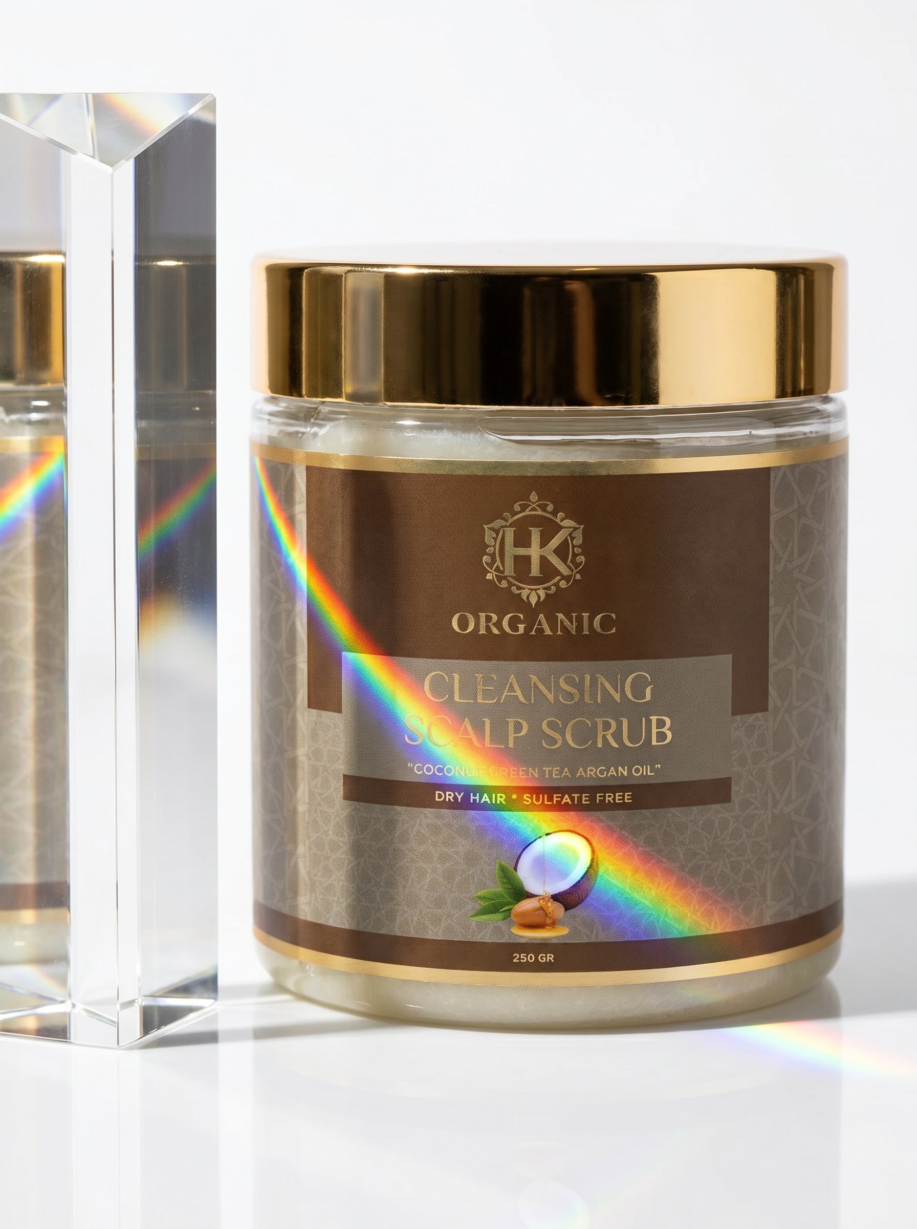 Jar of HK Organic Cleansing Scalp Scrub with gold lid on a white background