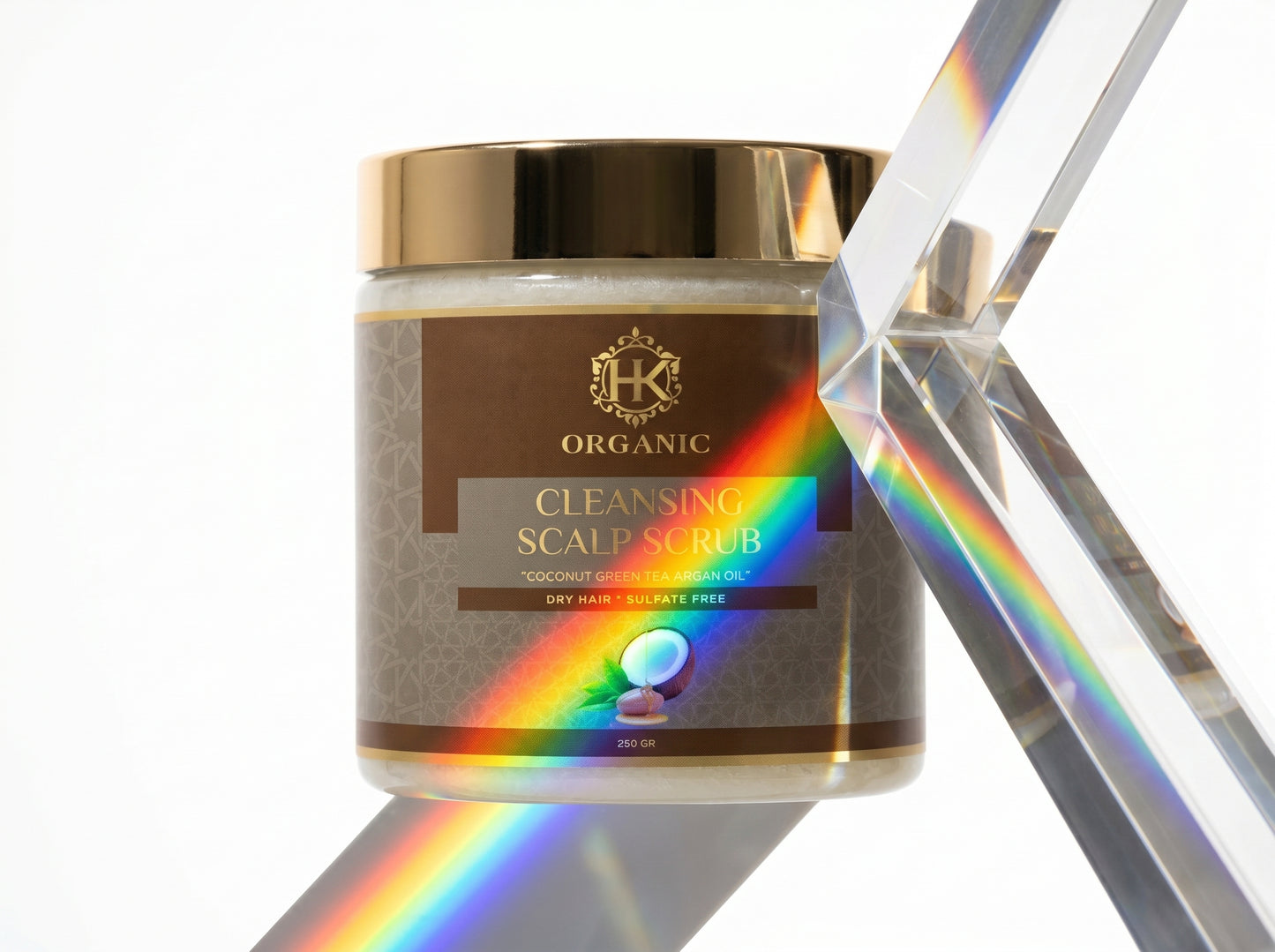 Jar of organic cleansing scalp scrub with a rainbow effect on a white background