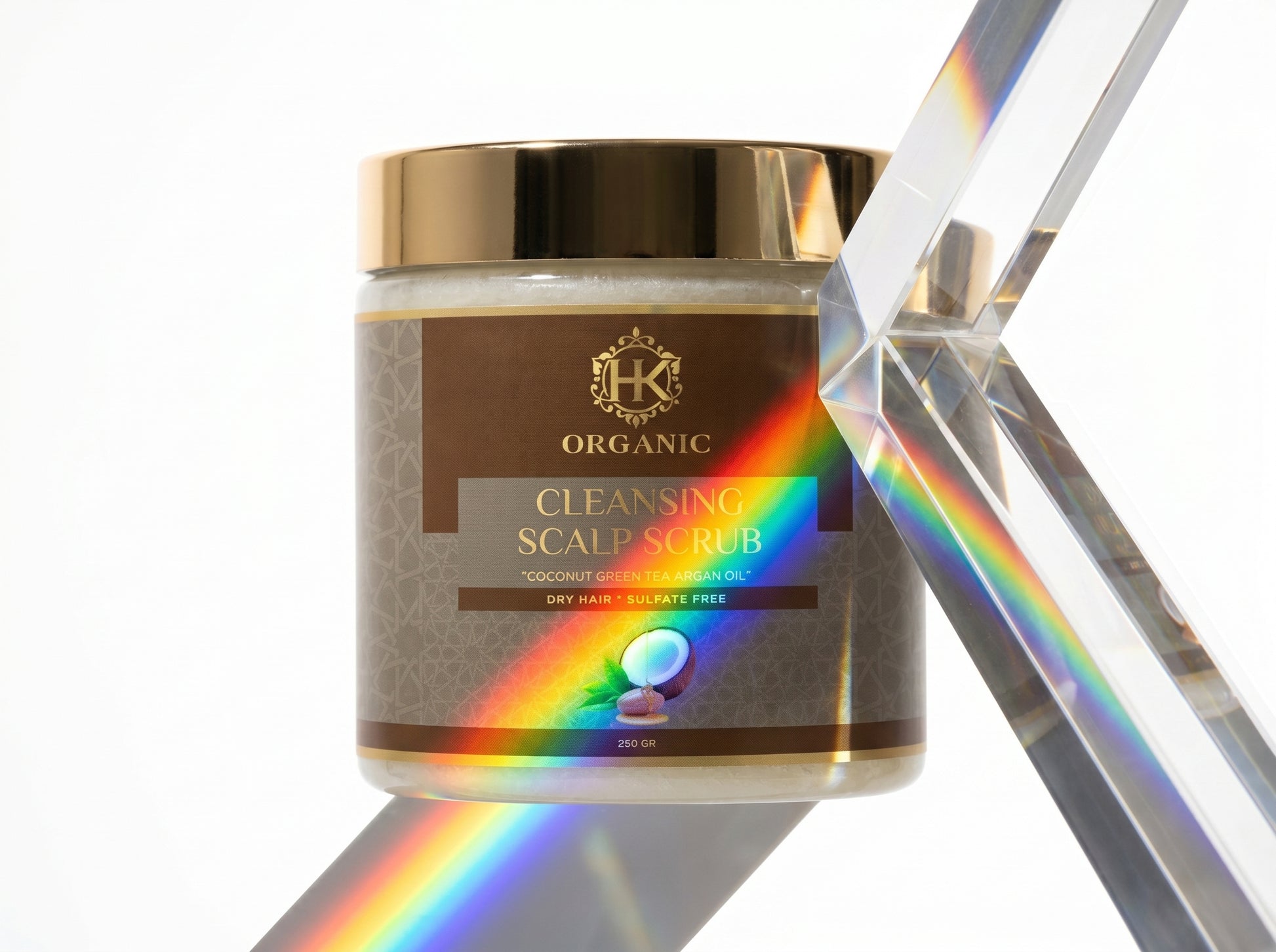 Jar of organic cleansing scalp scrub with a rainbow effect on a white background