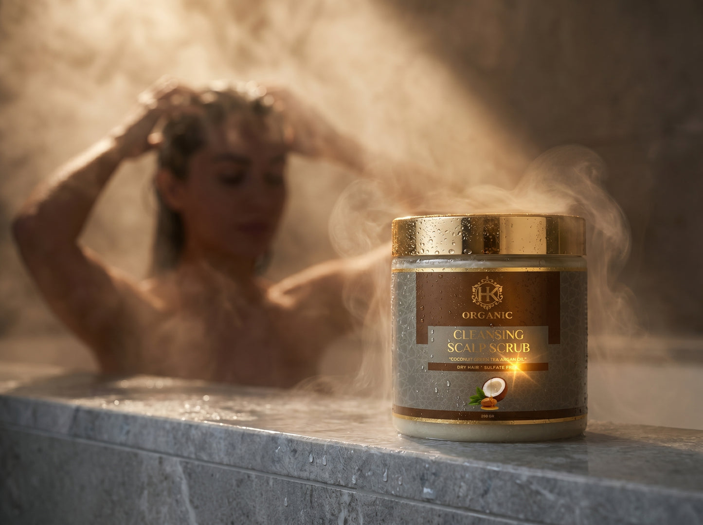 Jar of scrub with a person in a bathtub in the background
