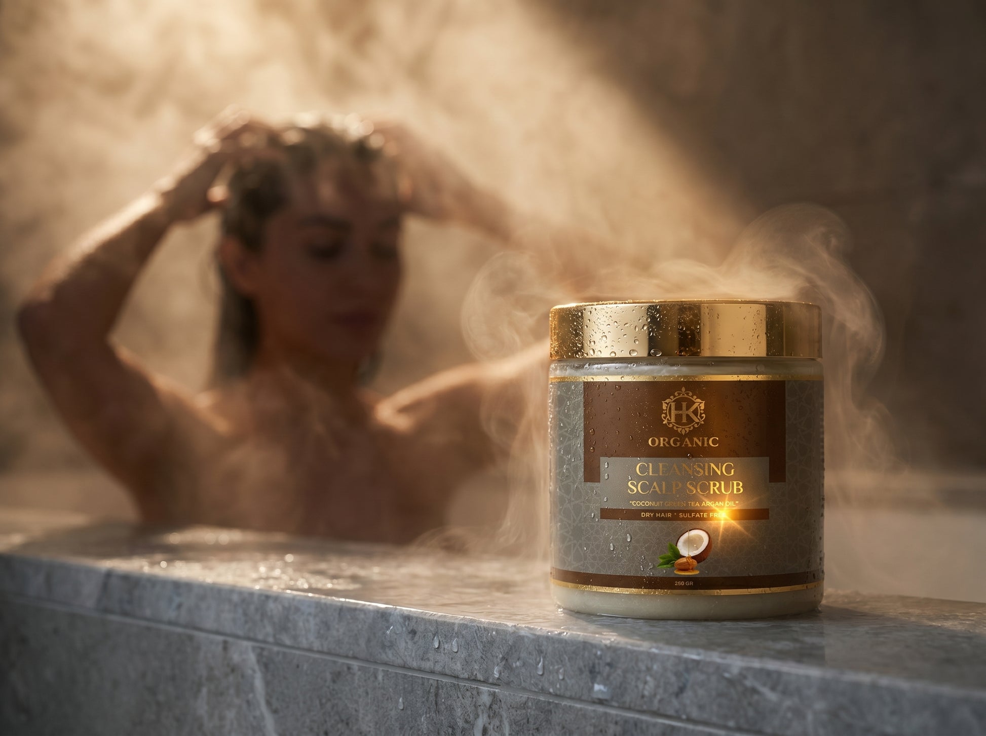 Jar of scrub with a person in a bathtub in the background