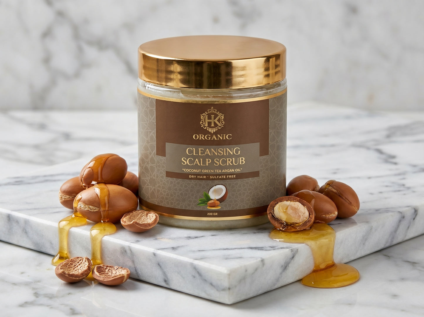 Jar of cleansing scalp scrub with nuts and oil on a marble surface