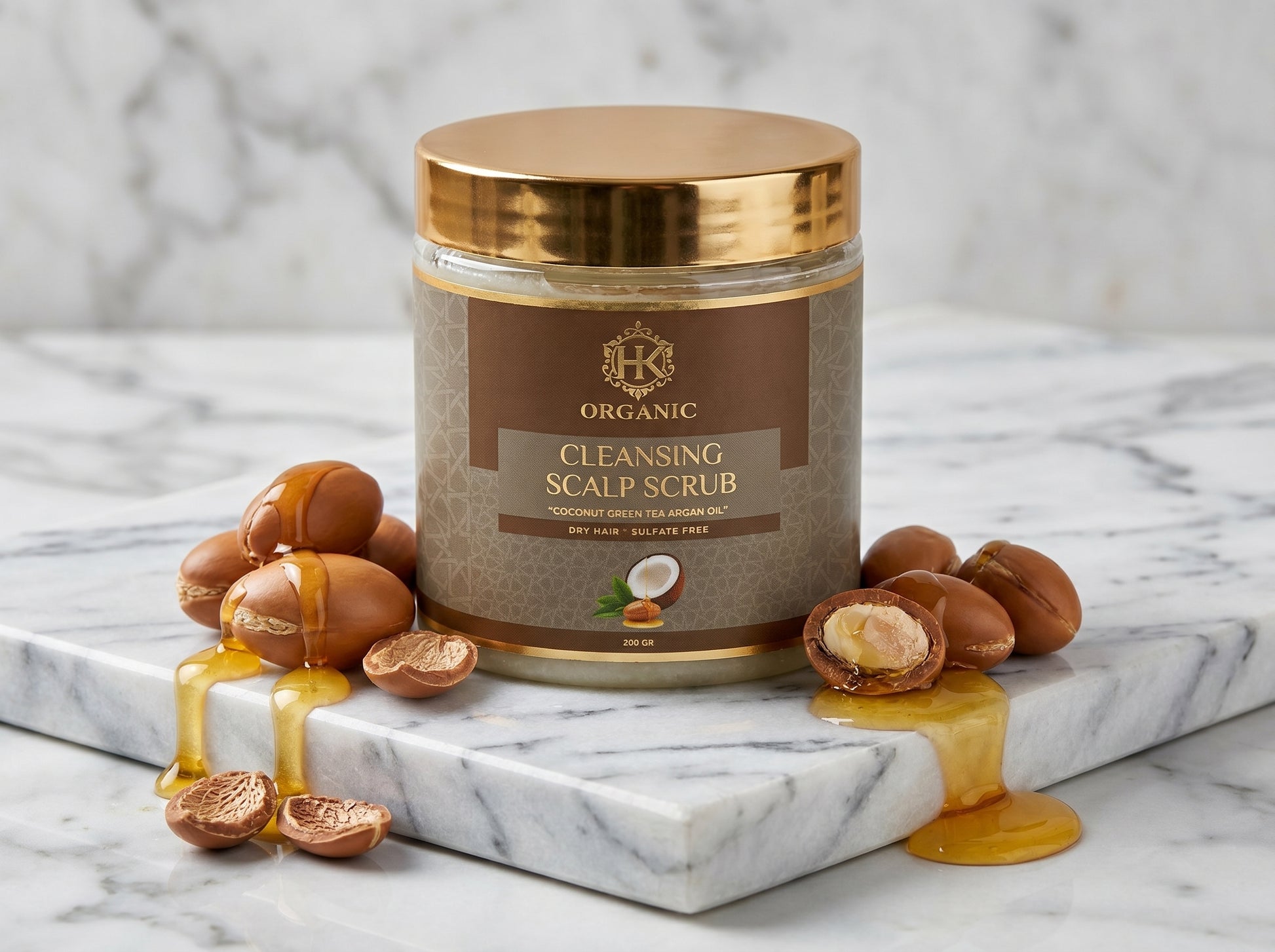 Jar of cleansing scalp scrub with nuts and oil on a marble surface