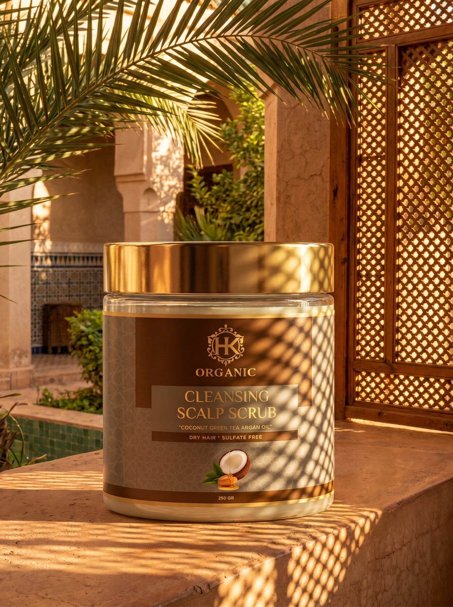 Jar of cleansing scalp scrub with palm leaves and architectural elements in the background