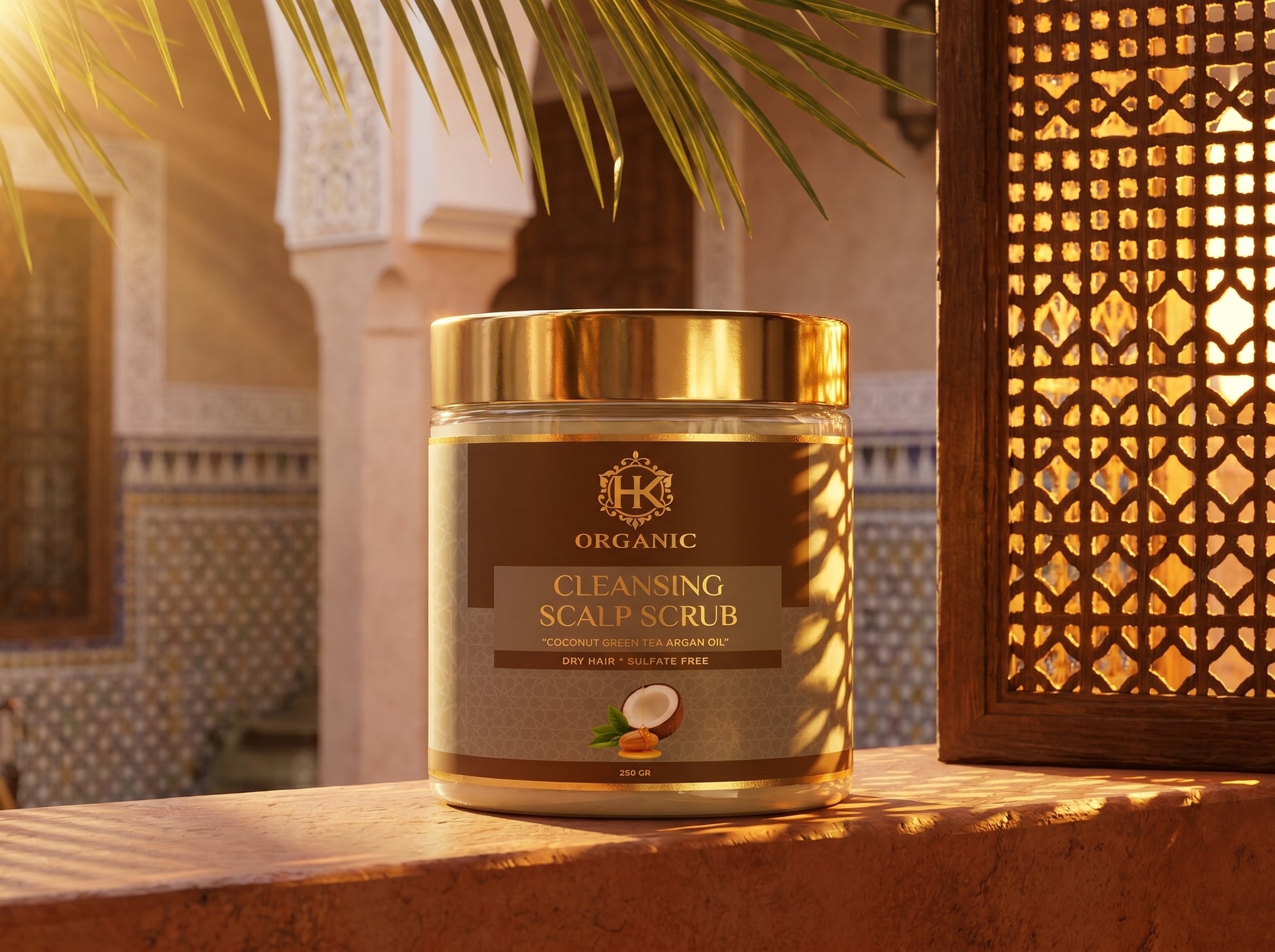 Jar of organic cleansing scalp scrub with decorative lantern and architectural elements in the background