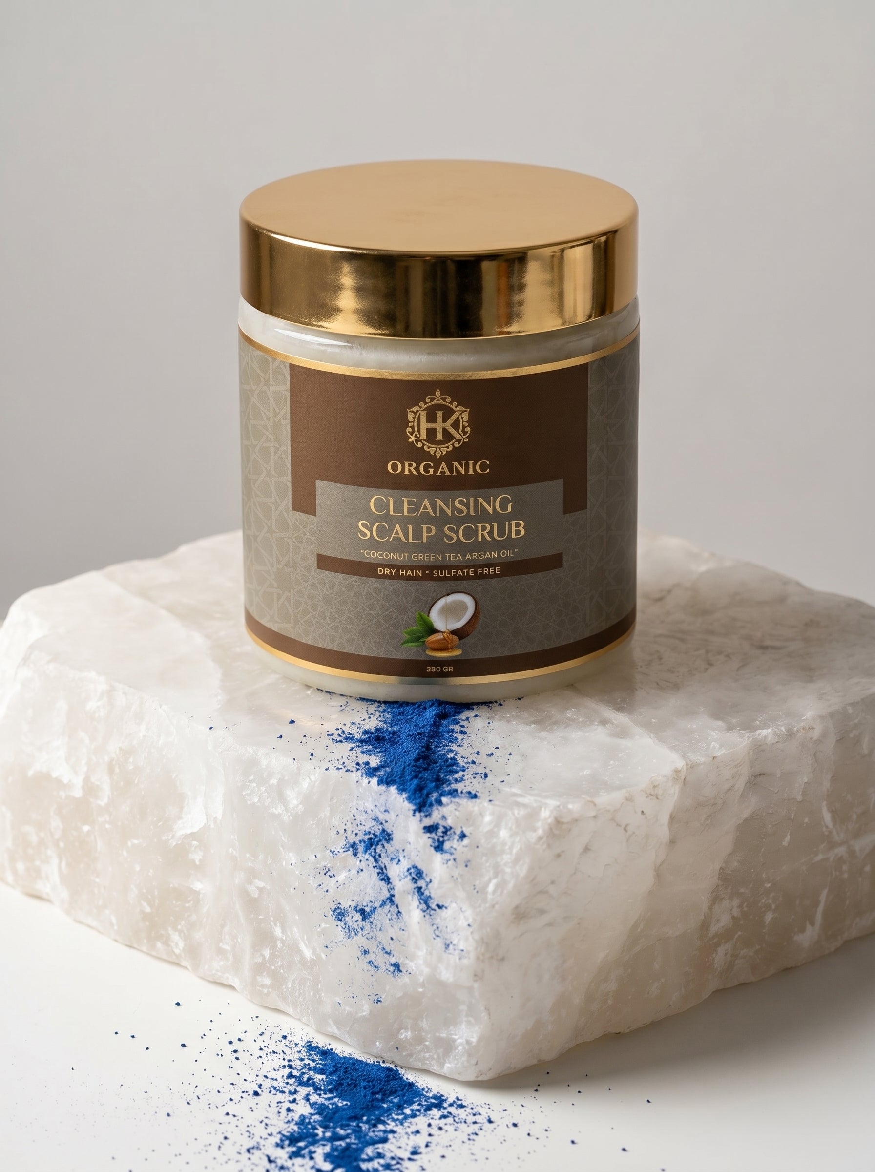 Cleansing scalp scrub jar with gold lid on a stone surface