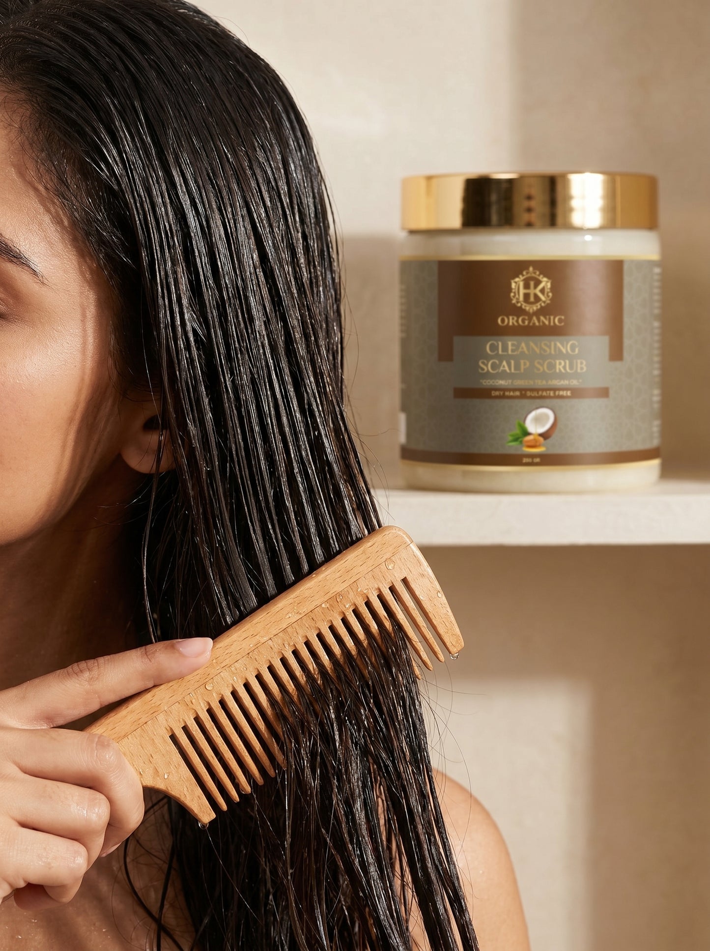 Woman combing her wet hair with a wooden comb next to a jar of 'Organic Cleansing Scalp Scrub' on a shelf.