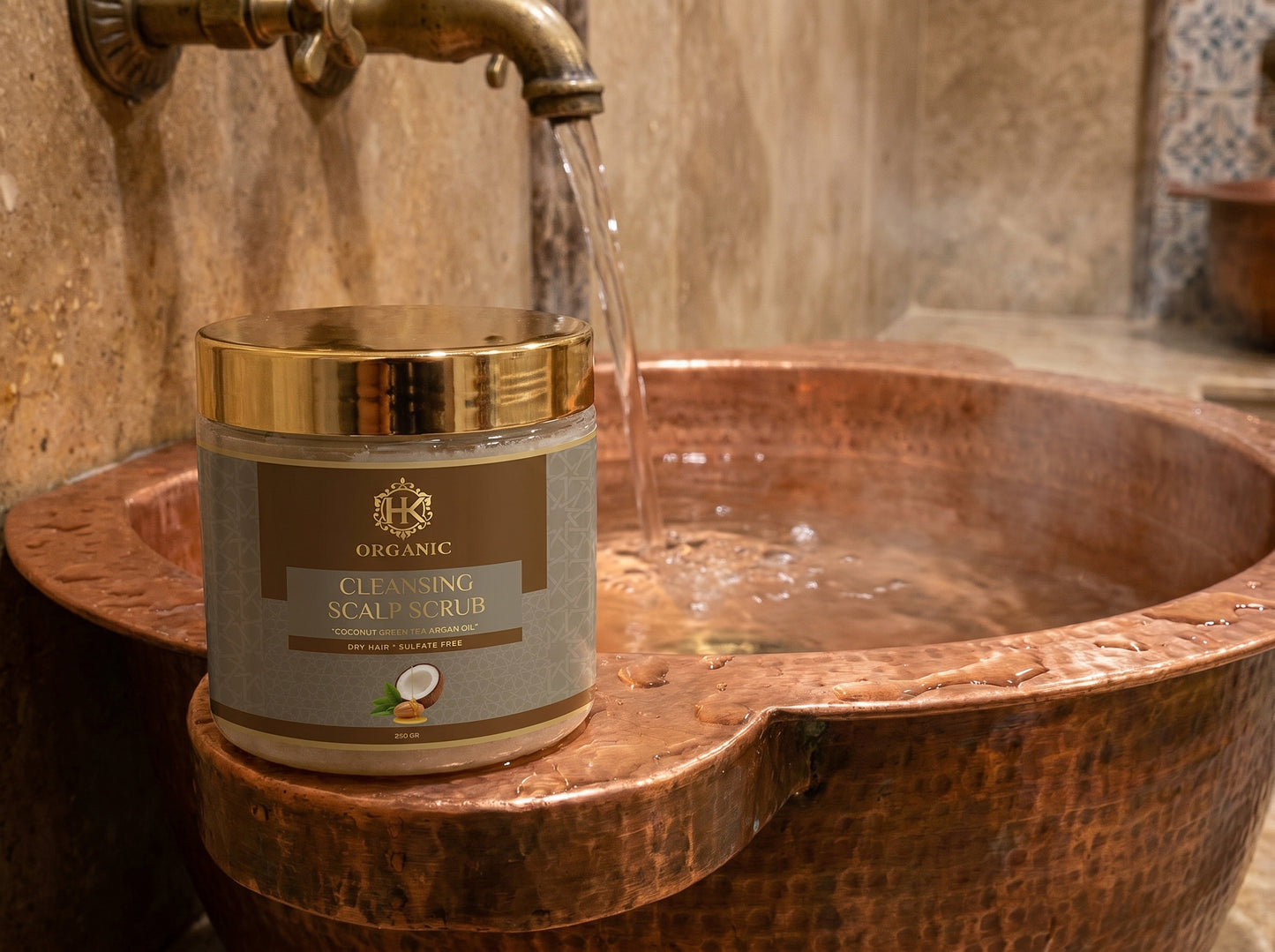 Cleansing scalp scrub jar on a wooden surface with water flowing from a faucet.