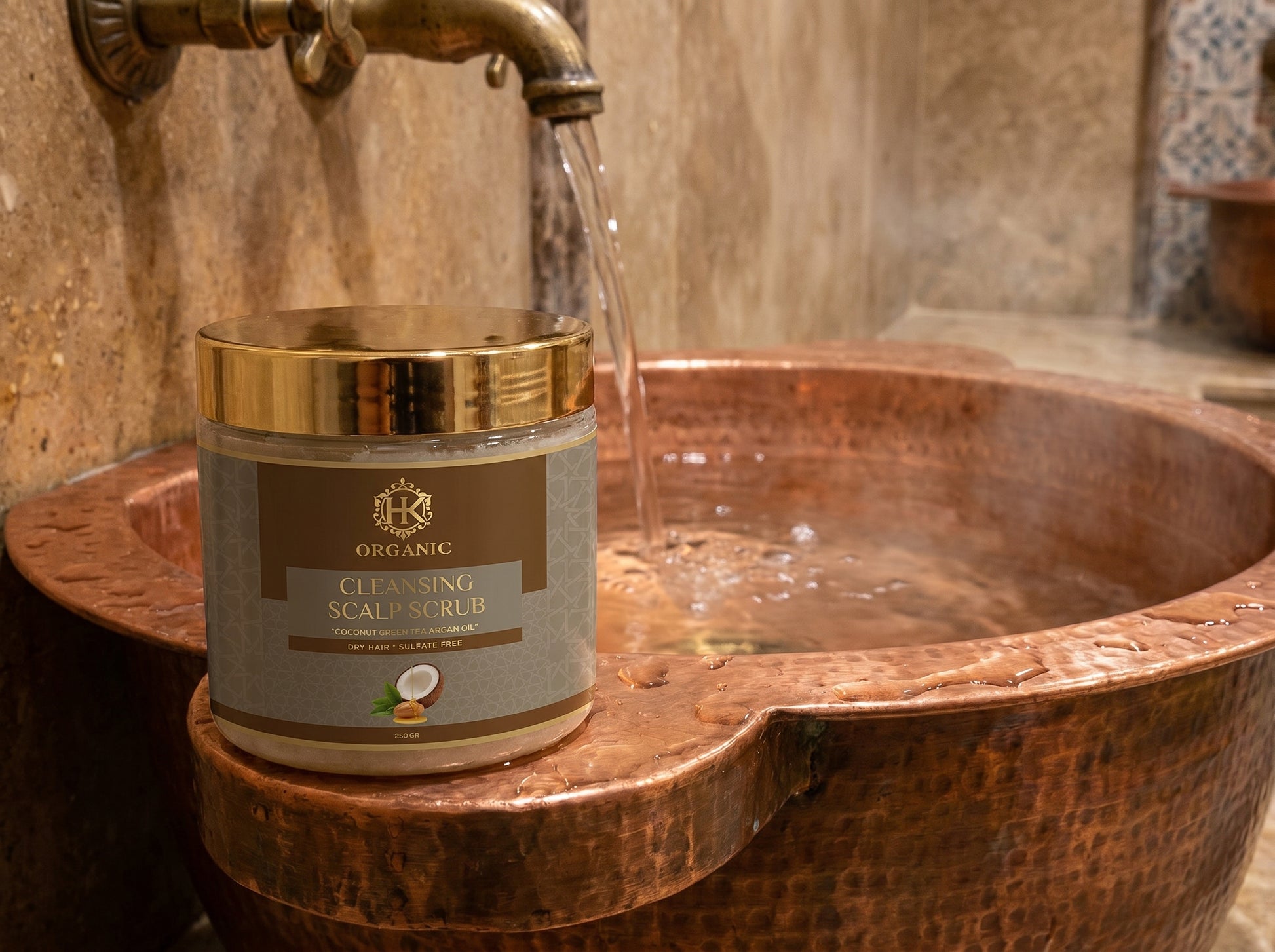 Cleansing scalp scrub jar on a wooden surface with water flowing from a faucet.