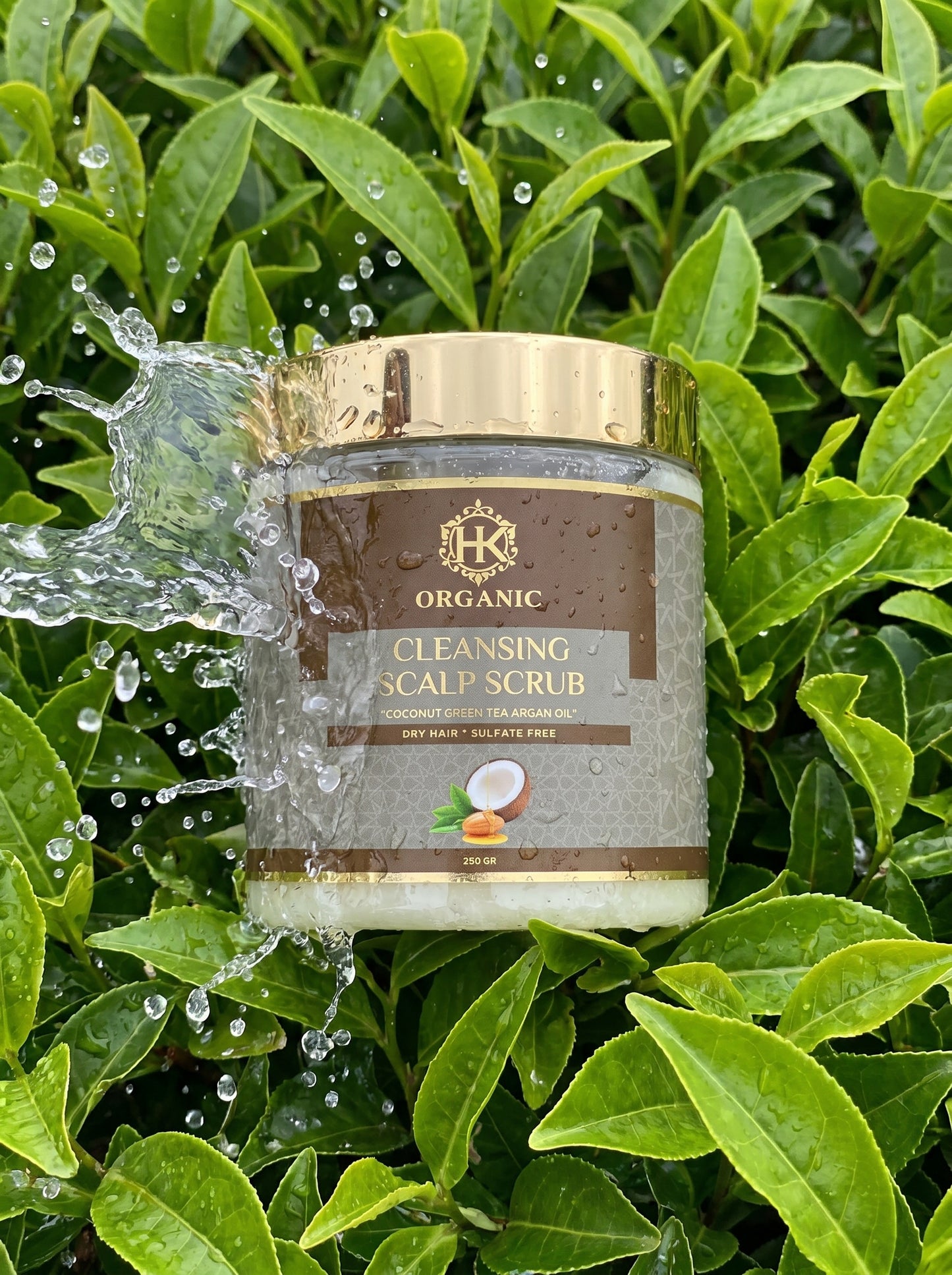 Jar of organic cleansing scalp scrub surrounded by green leaves with water droplets.