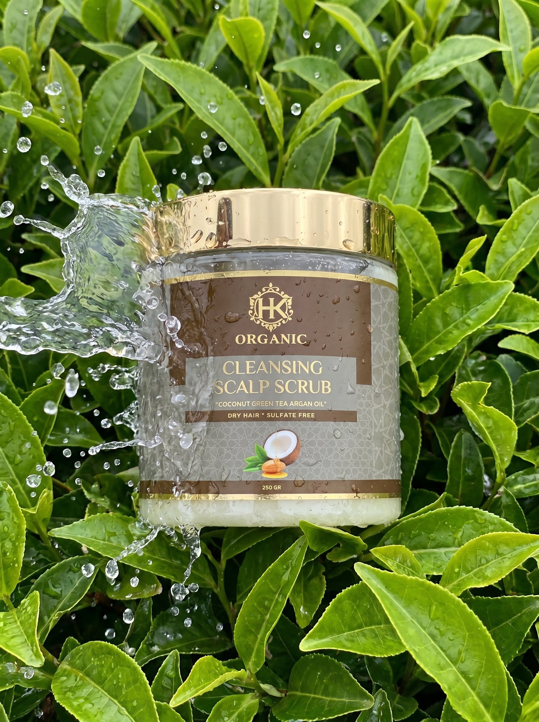 Jar of organic cleansing scalp scrub surrounded by green leaves with water droplets.