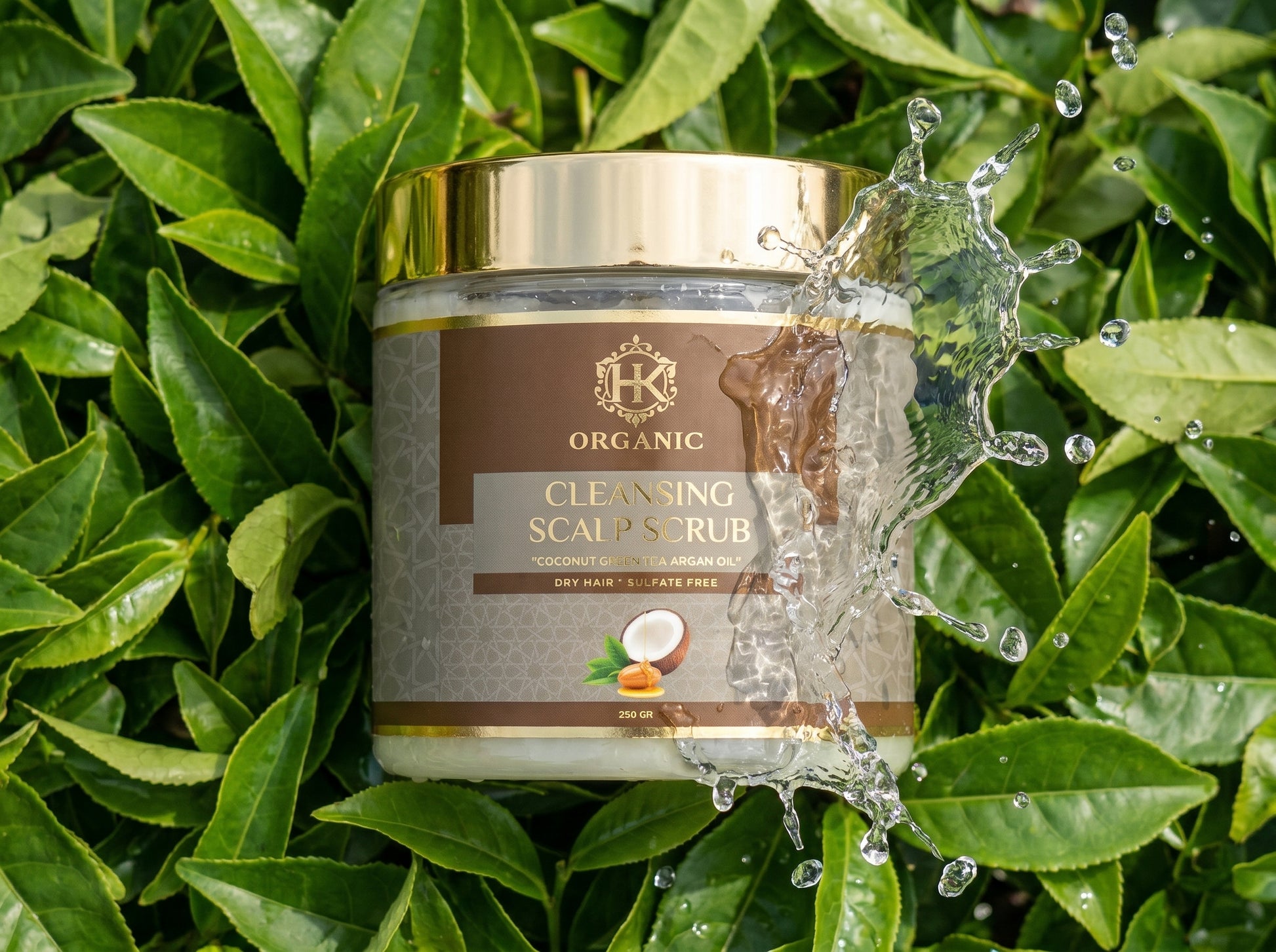 Jar of organic cleansing scalp scrub with coconut illustration on green leaves