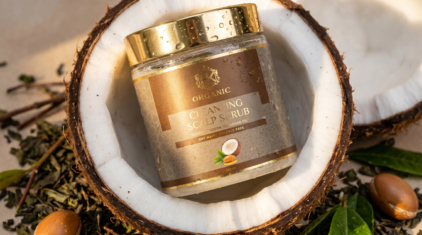 Jar of organic scalp scrub on a coconut half with leaves around