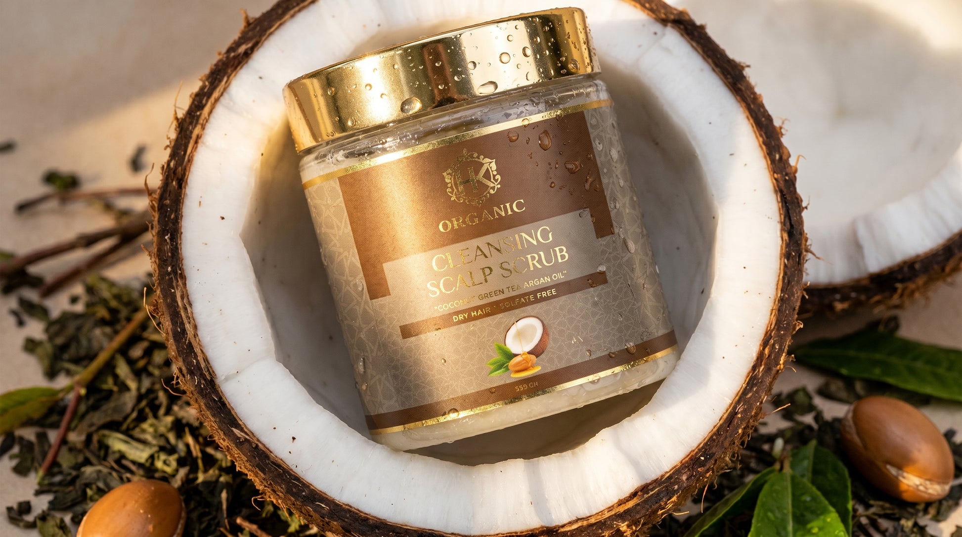 Jar of organic scalp scrub on a coconut half with leaves around