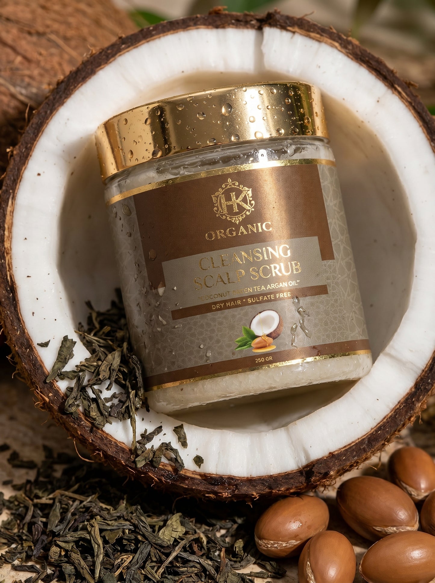 Jar of cleansing scalp scrub with coconut and herbs on a wooden surface