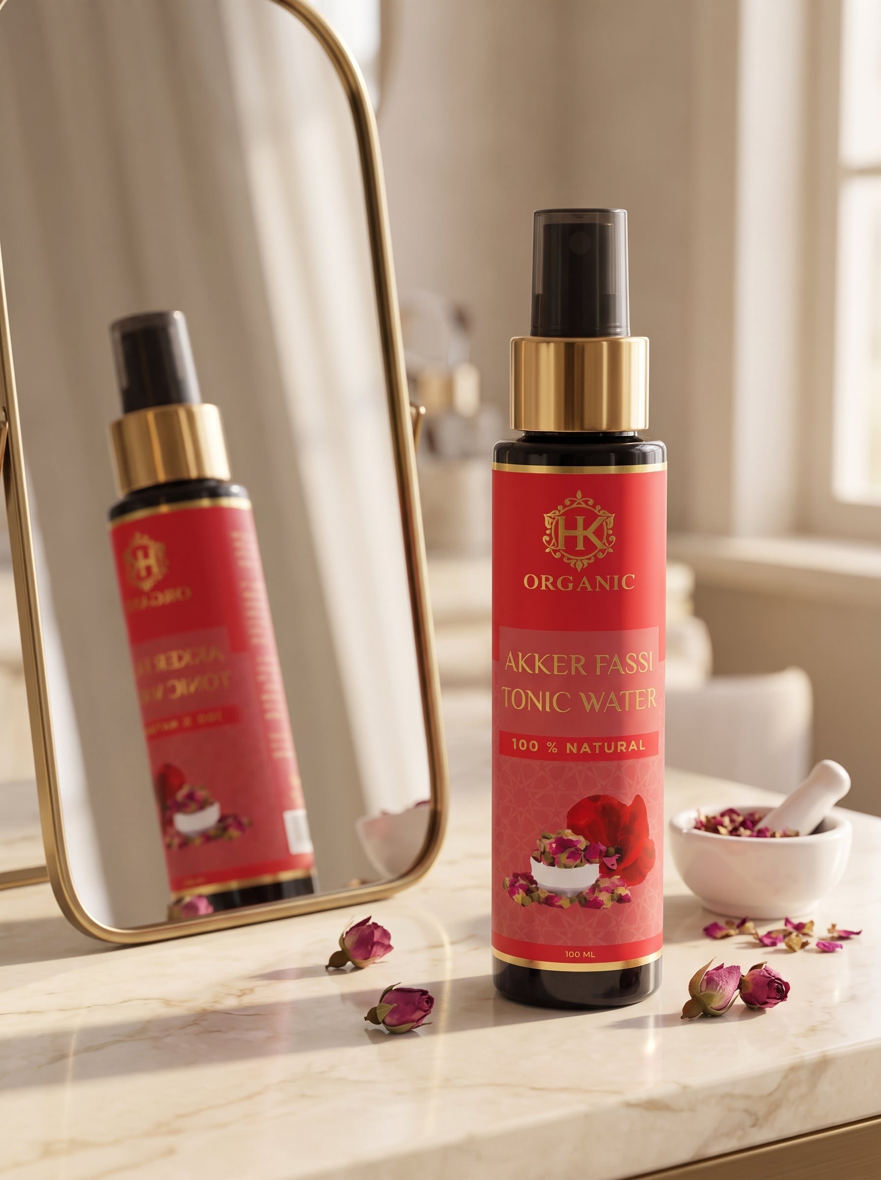 A bottle of Akker Fassis Ionic Water by HK Organic stands on a marble surface next to a gold-framed mirror, with rose petals and a small bowl of petals nearby. The product bottle has a red label, a gold pump collar, and a black spray top.