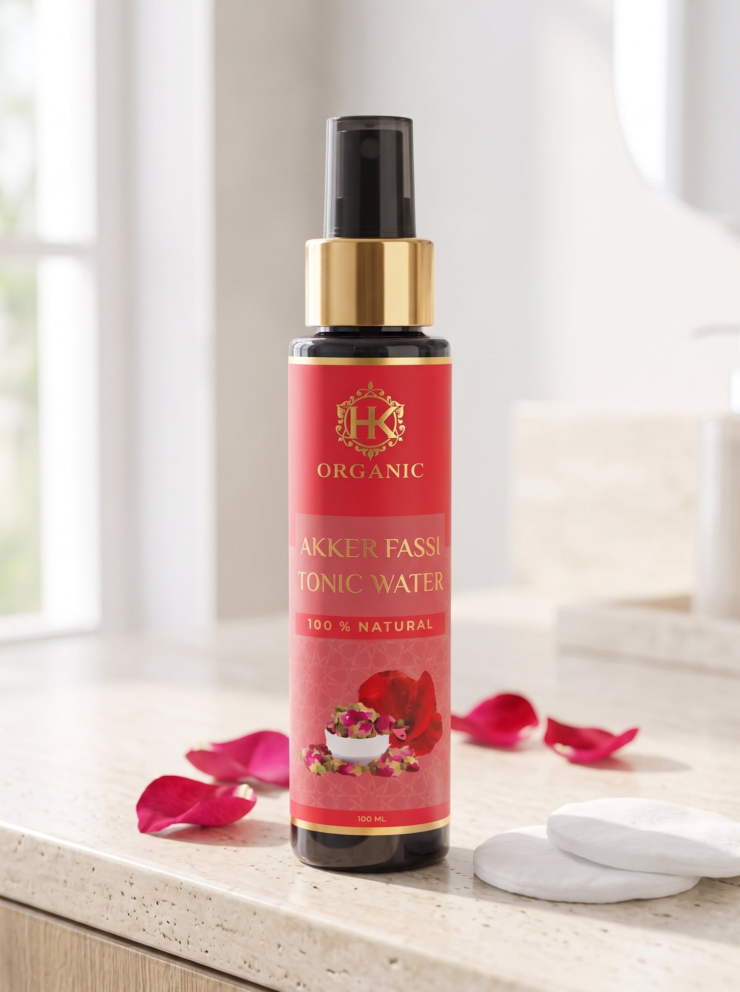 A bottle of organic akker fass tonic water with a red label and gold collar, standing on a light stone countertop with rose petals and white towels nearby.