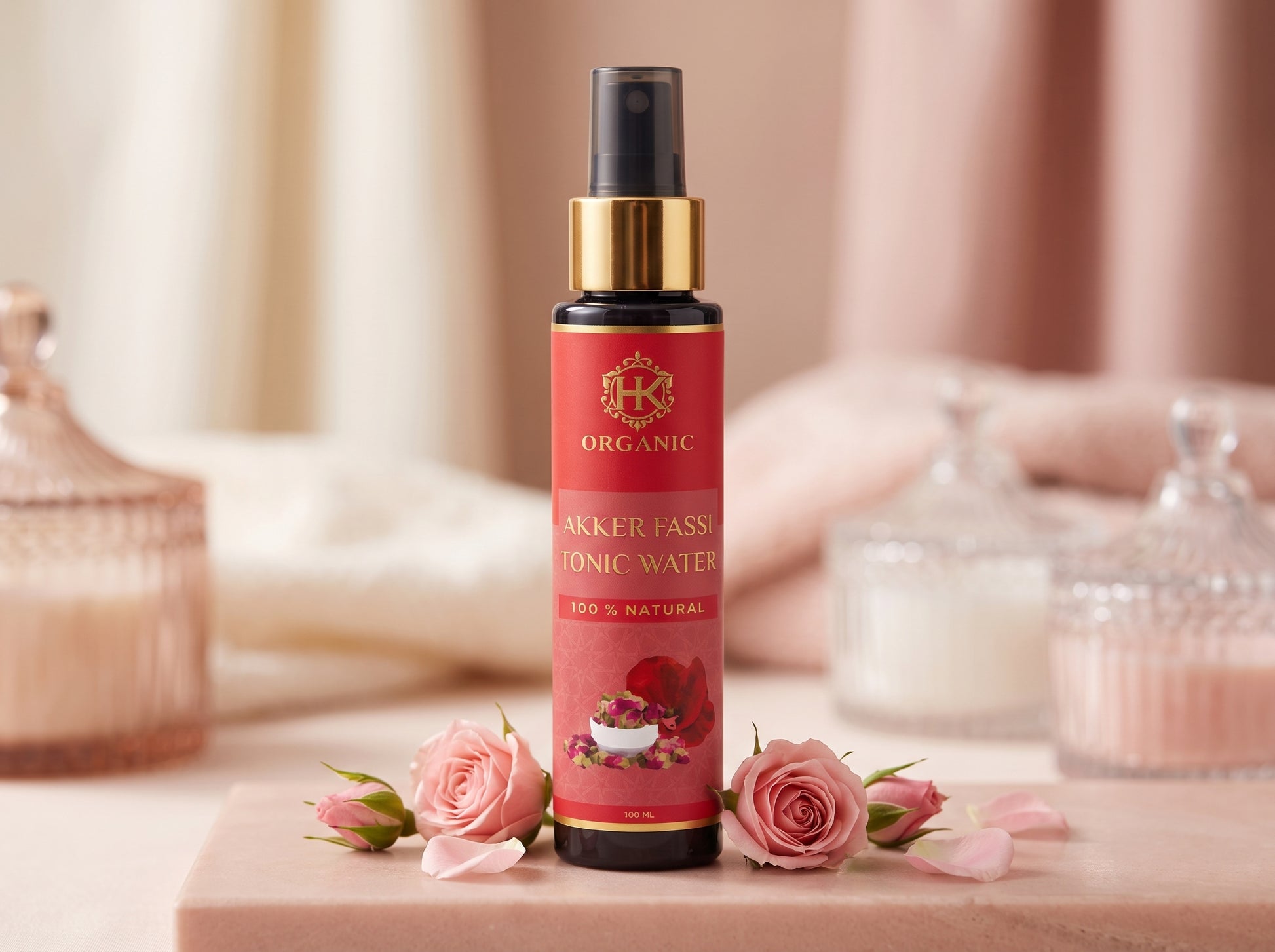 A bottle of organic Akker Fassis Tonic Water with a red label and gold collar, styled on a pink stone slab with pink roses and soft pink background props.