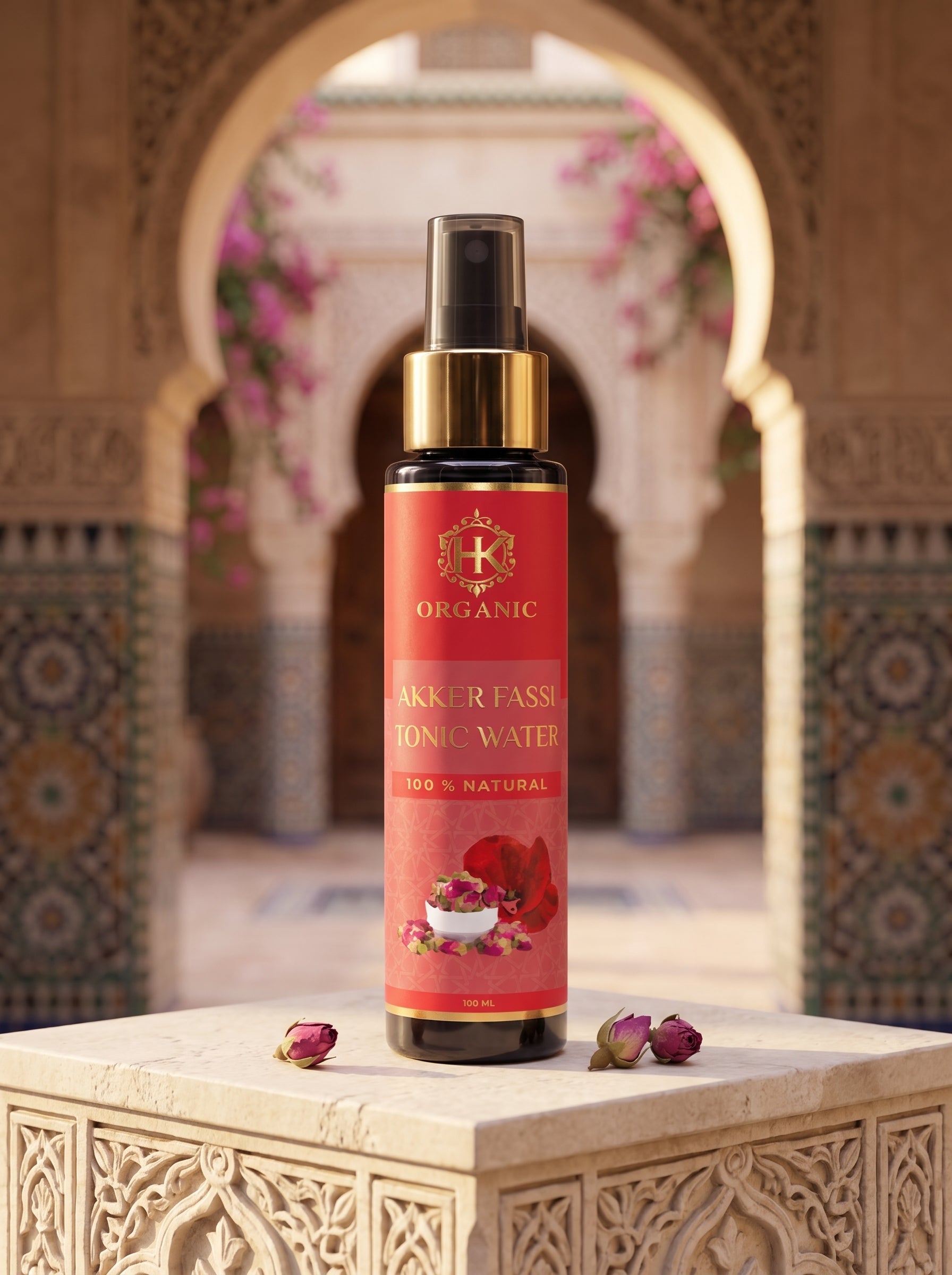 A bottle of Kikker Fass Organic Tonic Water with a red label and gold collar, displayed on a carved stone pedestal with rose petals, set against a blurred Moroccan archway background.
