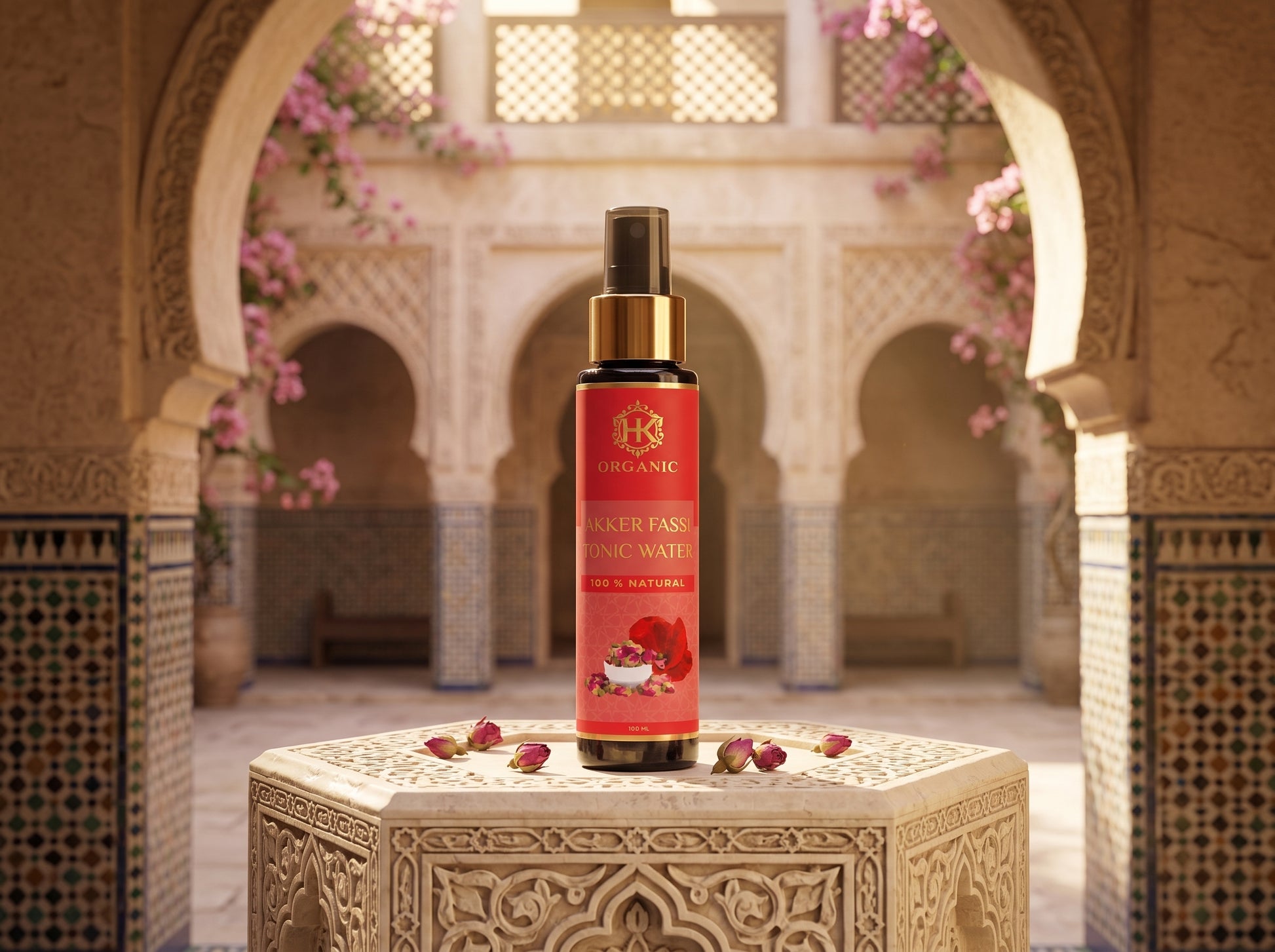 A bottle of Organic Rose Face Tonic Water stands on a carved stone pedestal in an ornate courtyard with arches and pink flowers. The bottle has a red label with gold lettering and a gold cap.