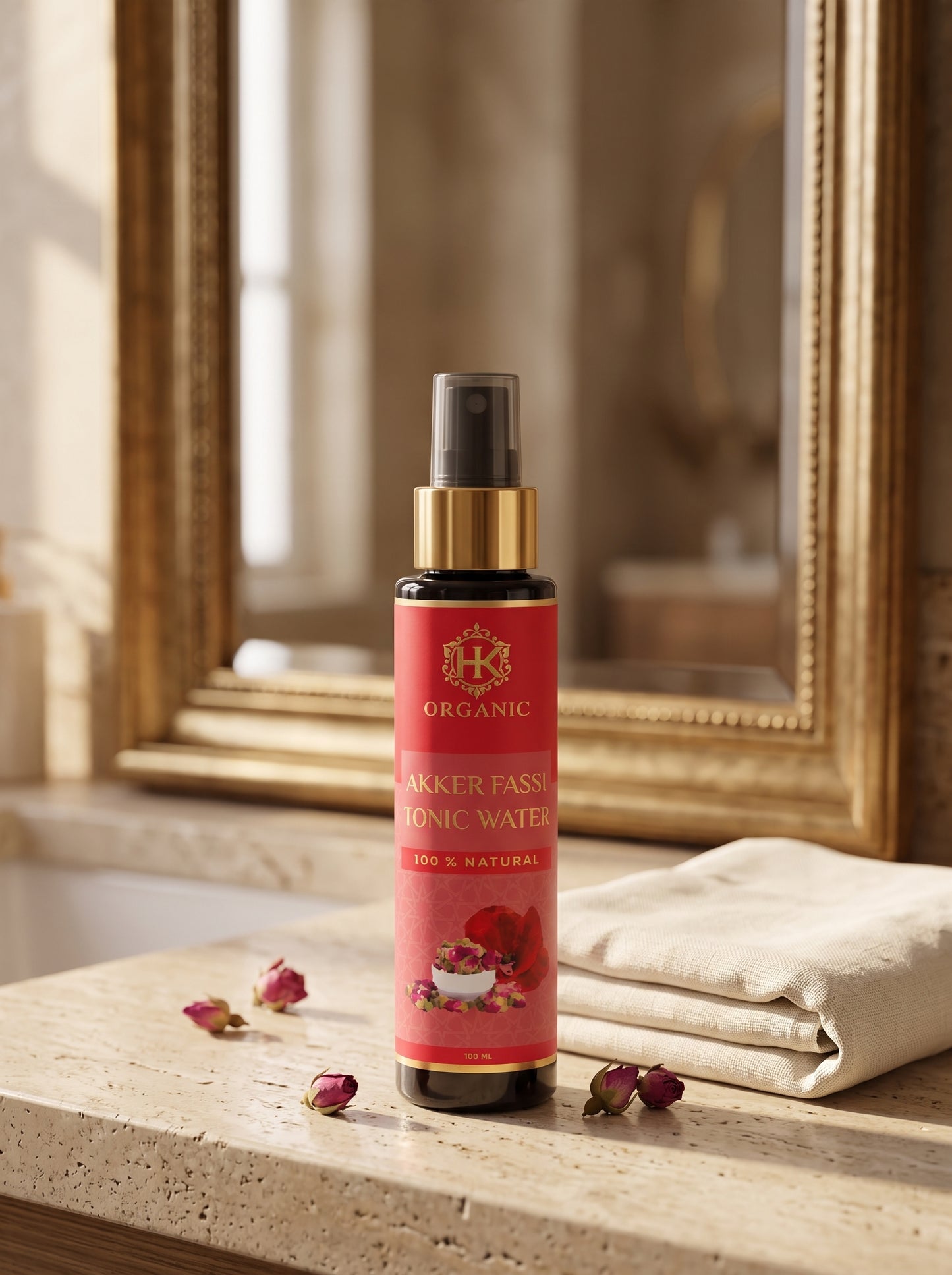 A bottle of Akker Pass Organic Rose & Almond Ionic Water spray stands on a stone surface beside a folded cream towel and scattered rose petals, with a large ornate mirror in the background.