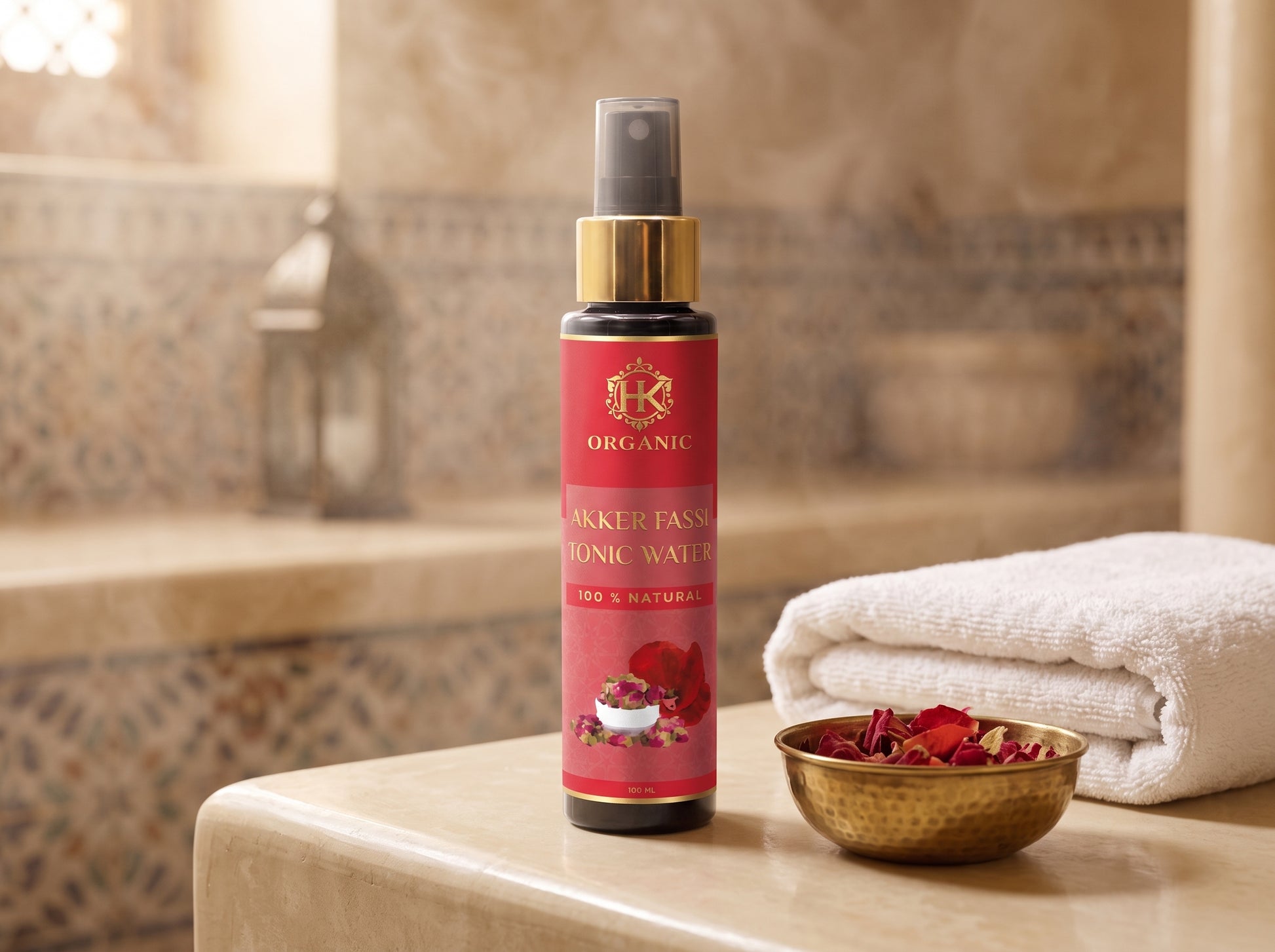 A bottle of organic cucumber and rose water spray stands on a beige stone surface next to a folded white towel and a small gold bowl of dried rose petals, with a softly blurred spa-like background.