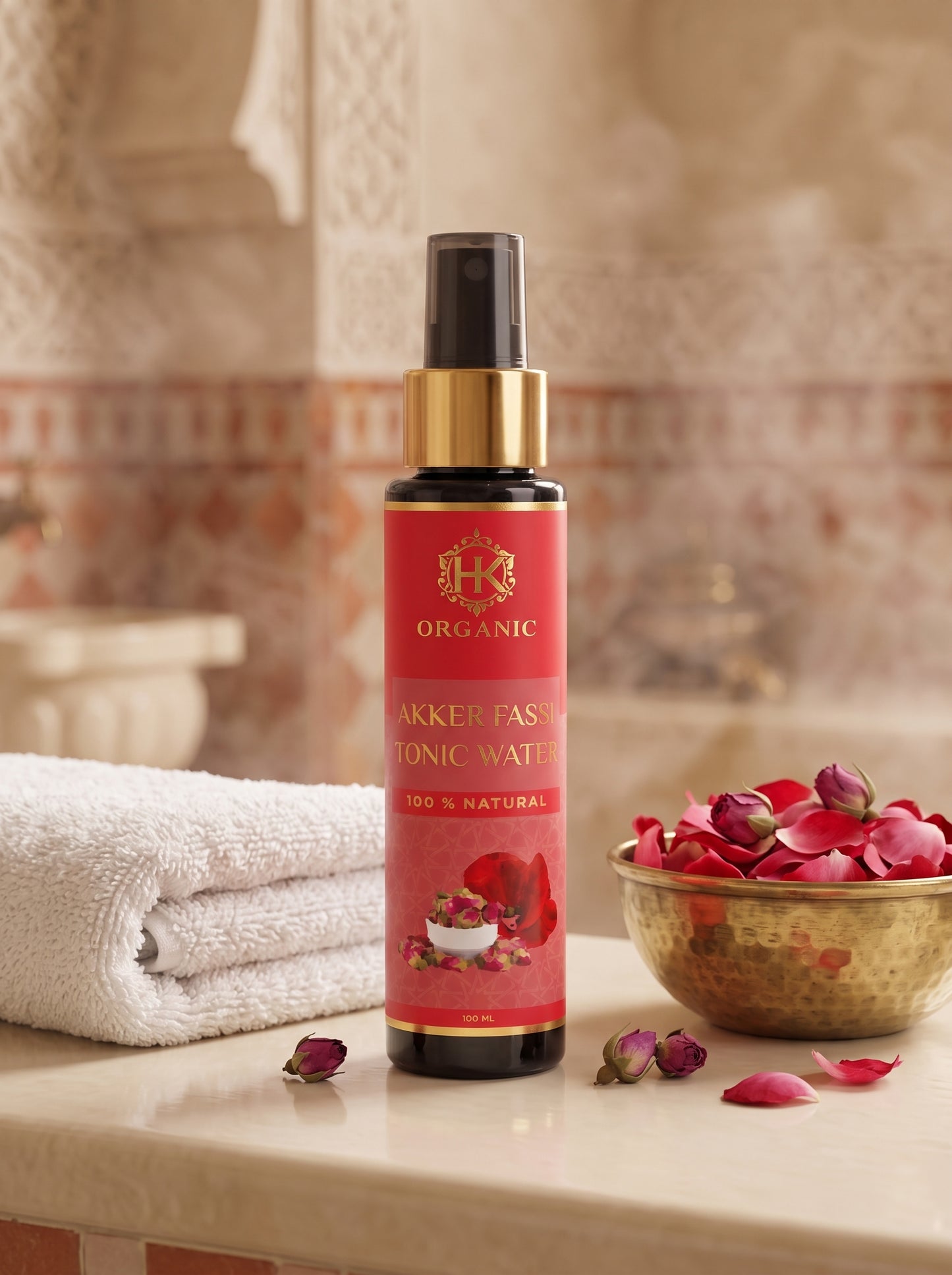 A bottle of Akker Fas Organic 100% Natural Akker Fas Tonic Water stands on a marble countertop with a folded white towel on the left and a gold bowl of red rose petals on the right, set against a warm, blurred background.