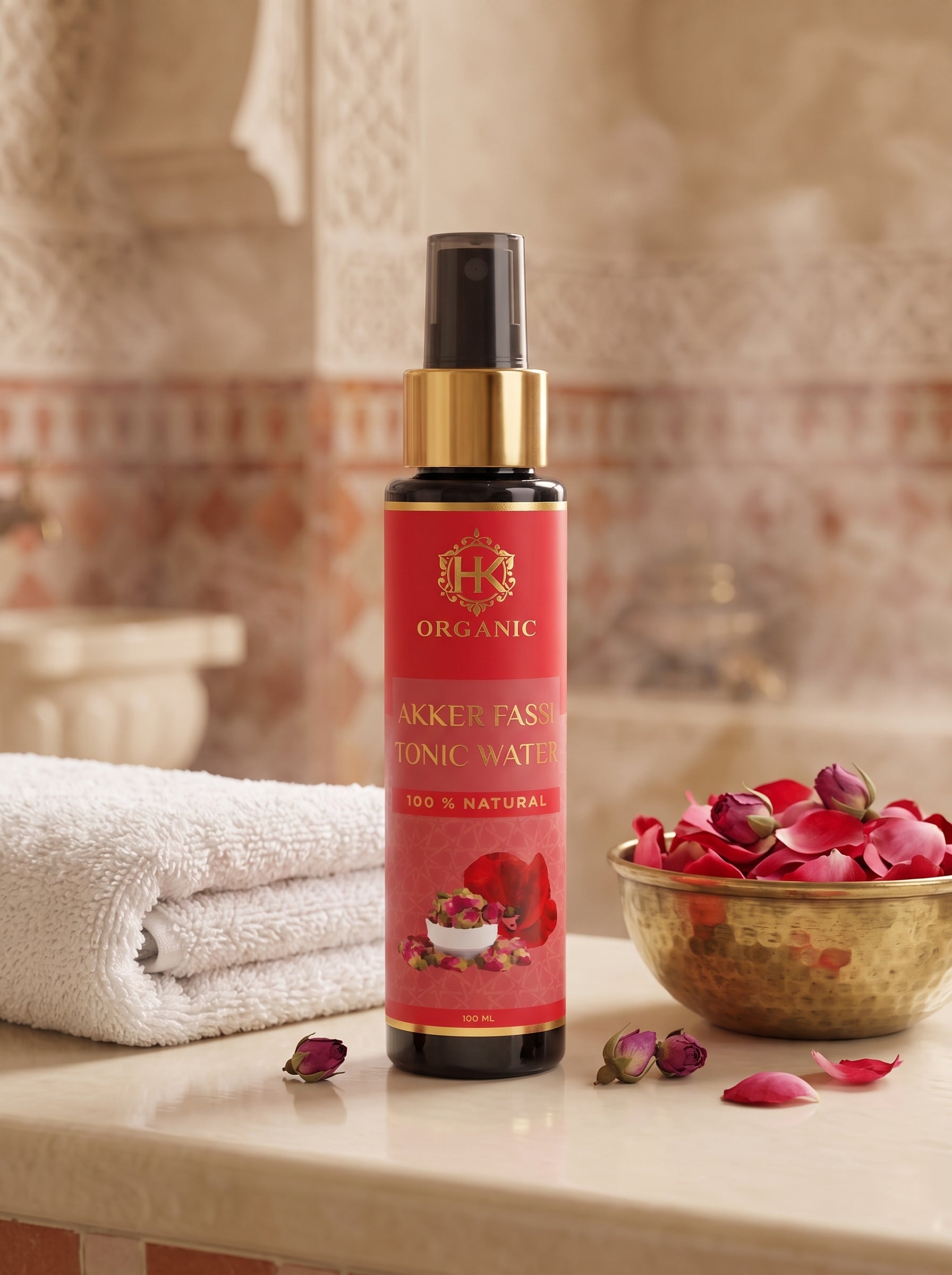 A bottle of Akker Fas Organic 100% Natural Akker Fas Tonic Water stands on a marble countertop with a folded white towel on the left and a gold bowl of red rose petals on the right, set against a warm, blurred background.