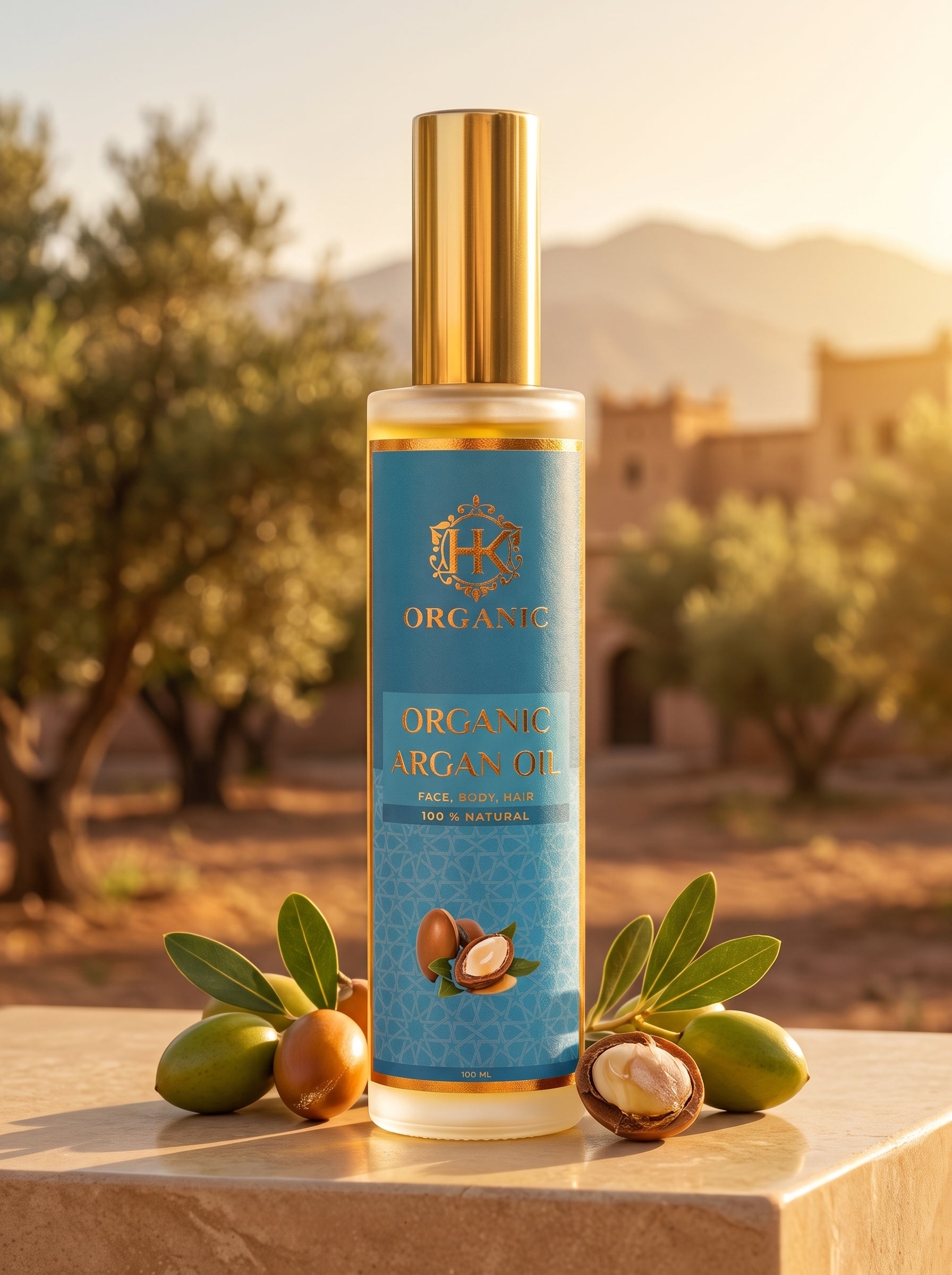 A bottle of Organic Argan Oil stands on a stone surface outdoors, surrounded by argan nuts, green olives, and leaves. The background shows a warm, blurred desert landscape with trees and buildings under golden sunlight.