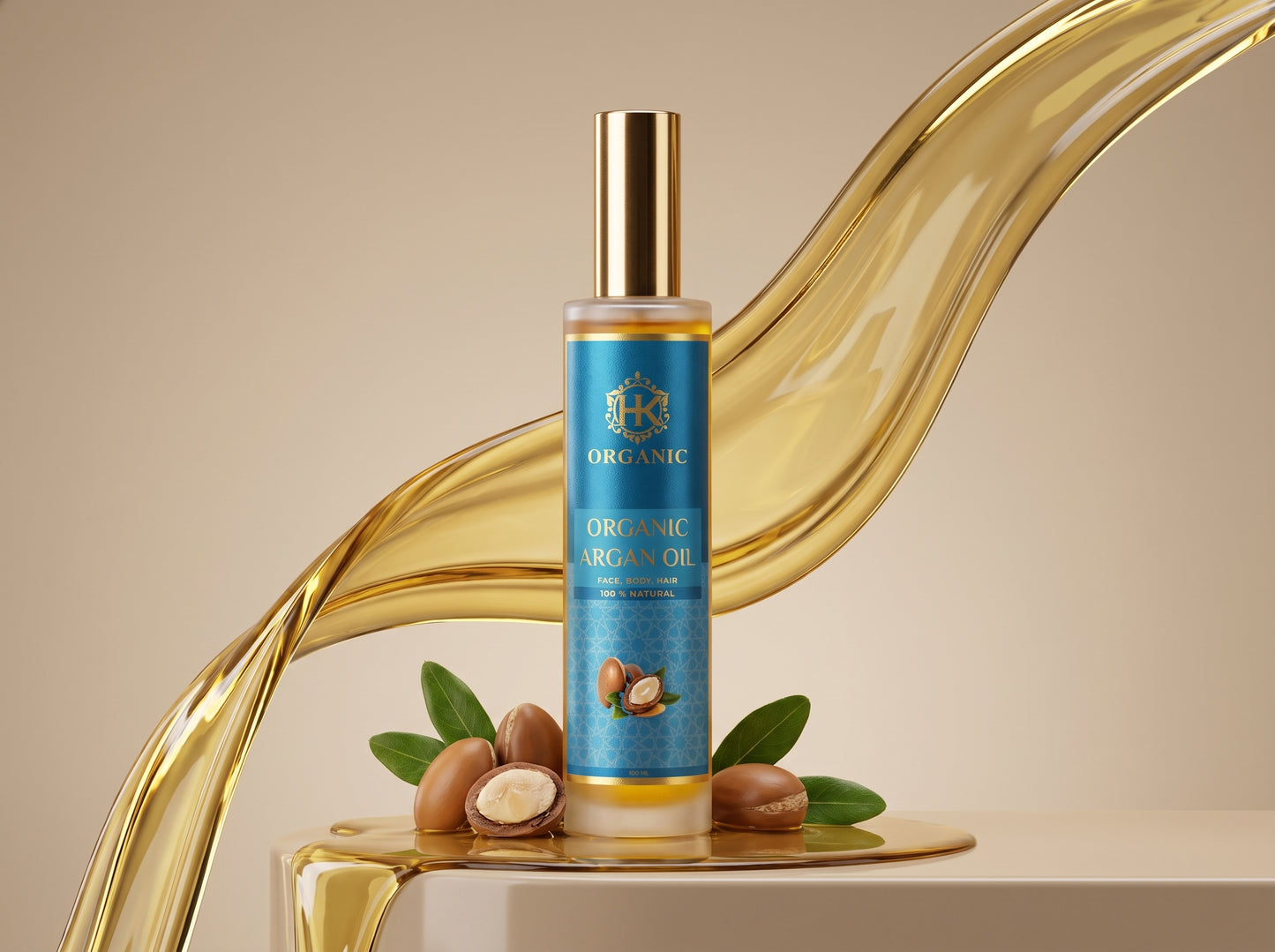 A bottle of Organic Shea Butter Oil stands on a gold platform with shea nuts and green leaves at its base, set against a flowing gold liquid wave on a beige background.