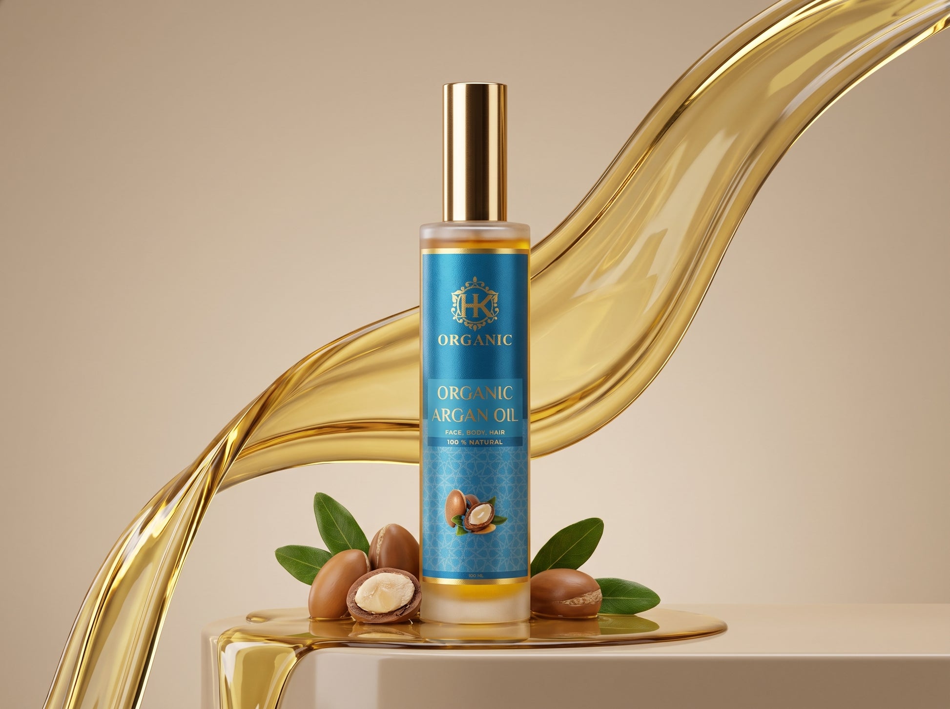 A bottle of Organic Shea Butter Oil stands on a gold platform with shea nuts and green leaves at its base, set against a flowing gold liquid wave on a beige background.