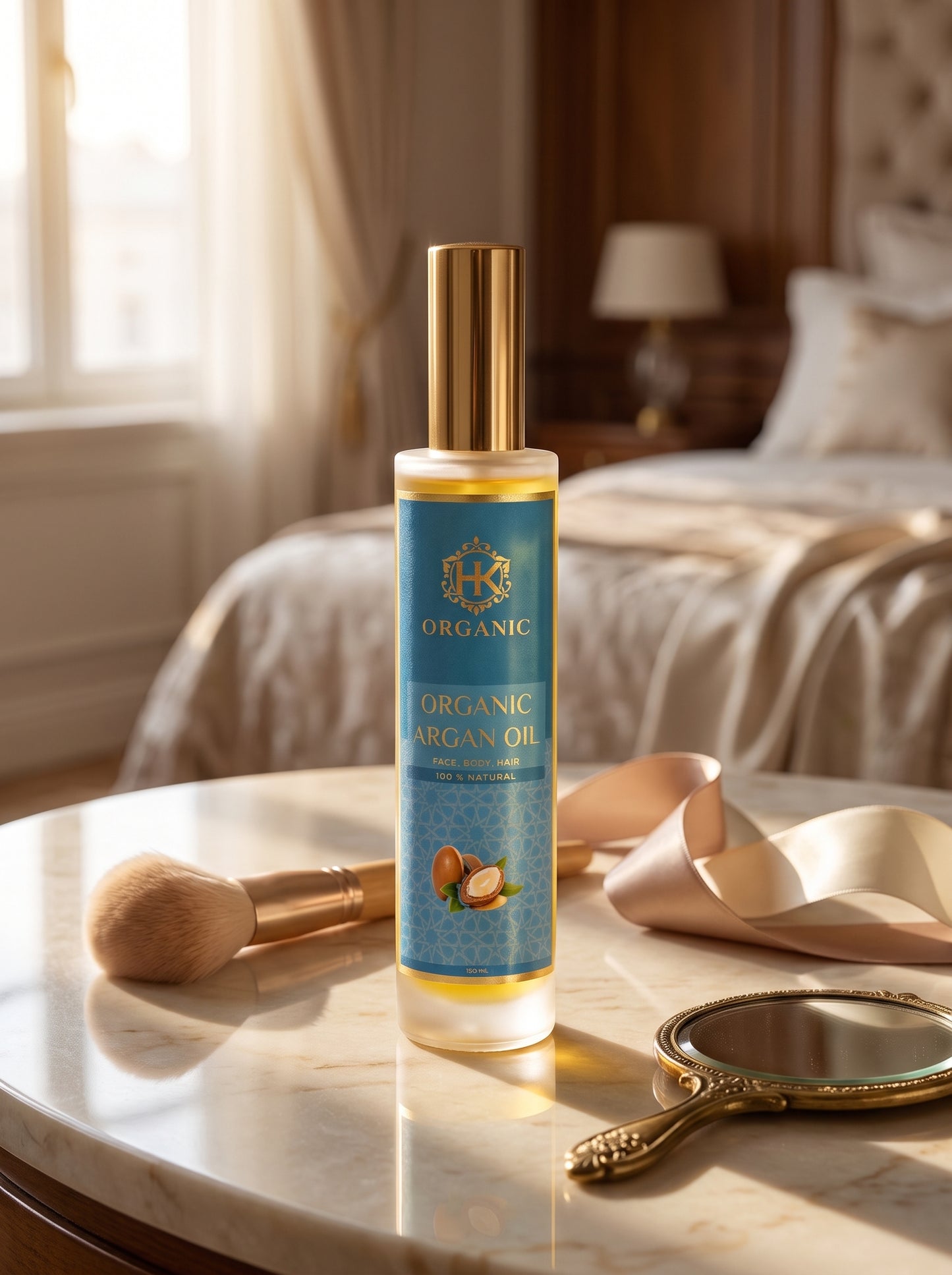 A bottle of Organic Argan Oil stands on a marble table in a softly lit bedroom setting, surrounded by a makeup brush, satin ribbon, and a small hand mirror.