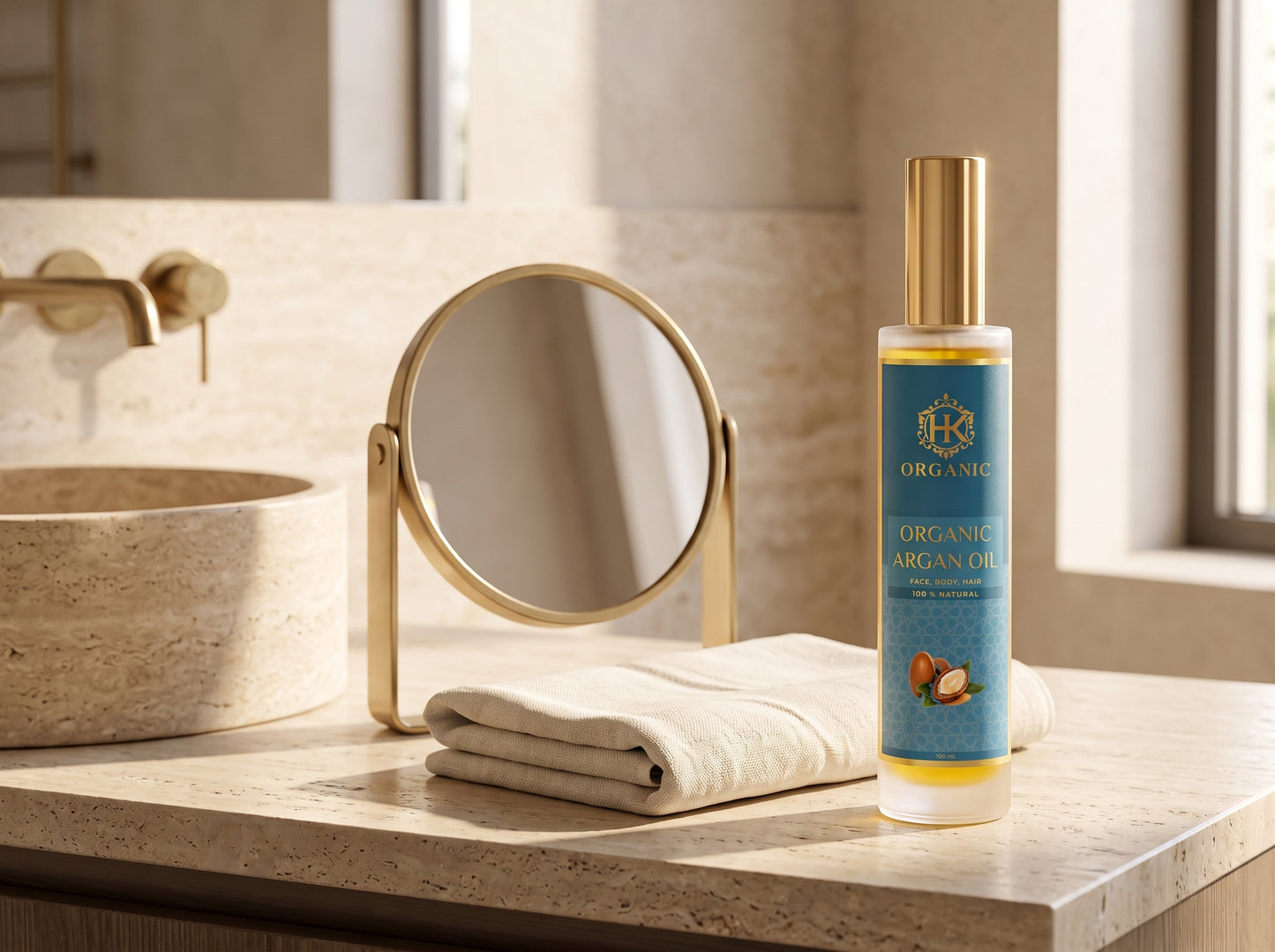 A bottle of Organic Argan Oil stands on a beige stone countertop beside a round vanity mirror and a folded cream towel in a softly lit bathroom setting.
