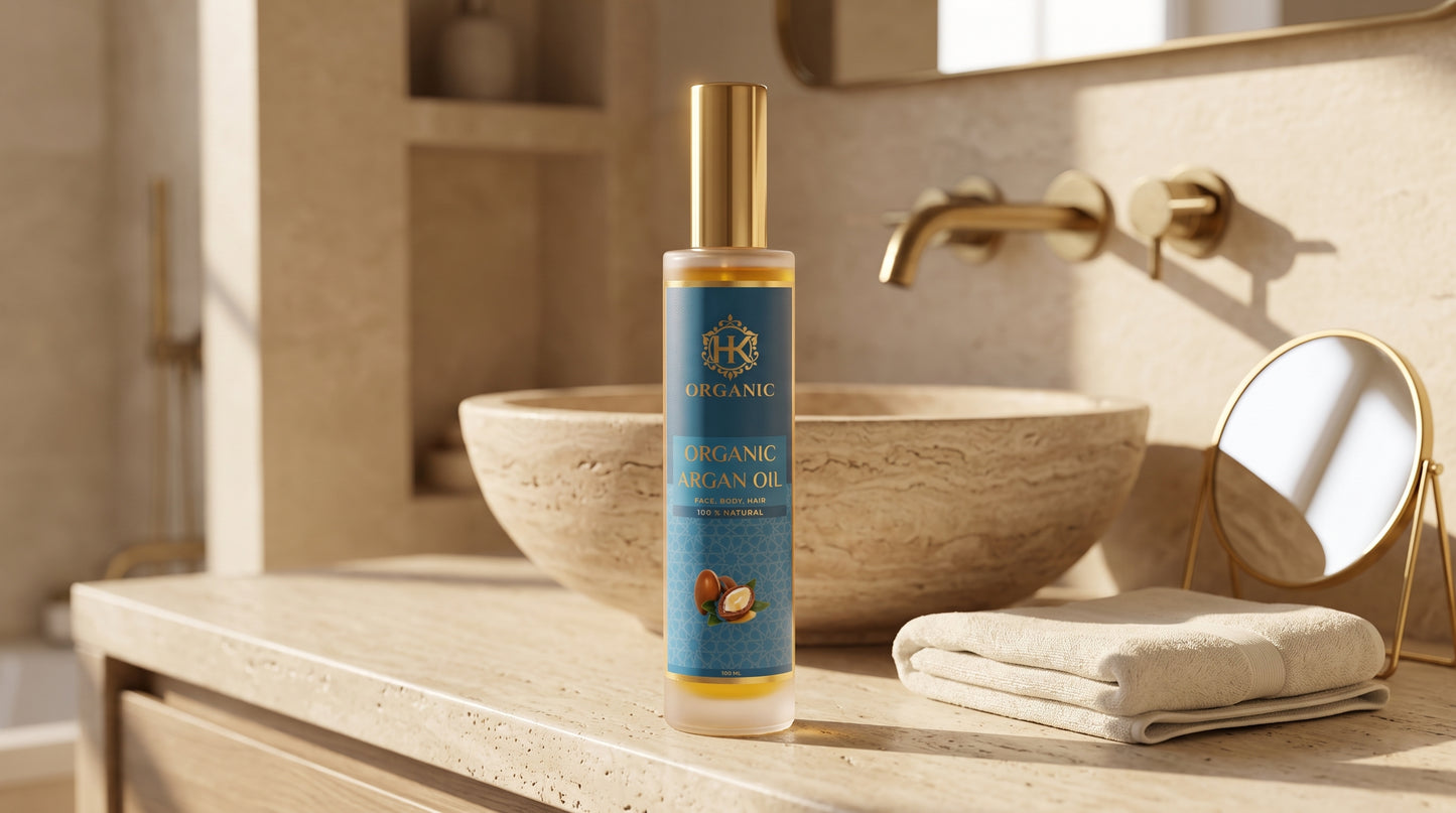 A bottle of Organic Moroccan Oil stands on a beige stone countertop in a bathroom setting, with a vessel sink, gold faucet, folded towel, and small mirror in the background.