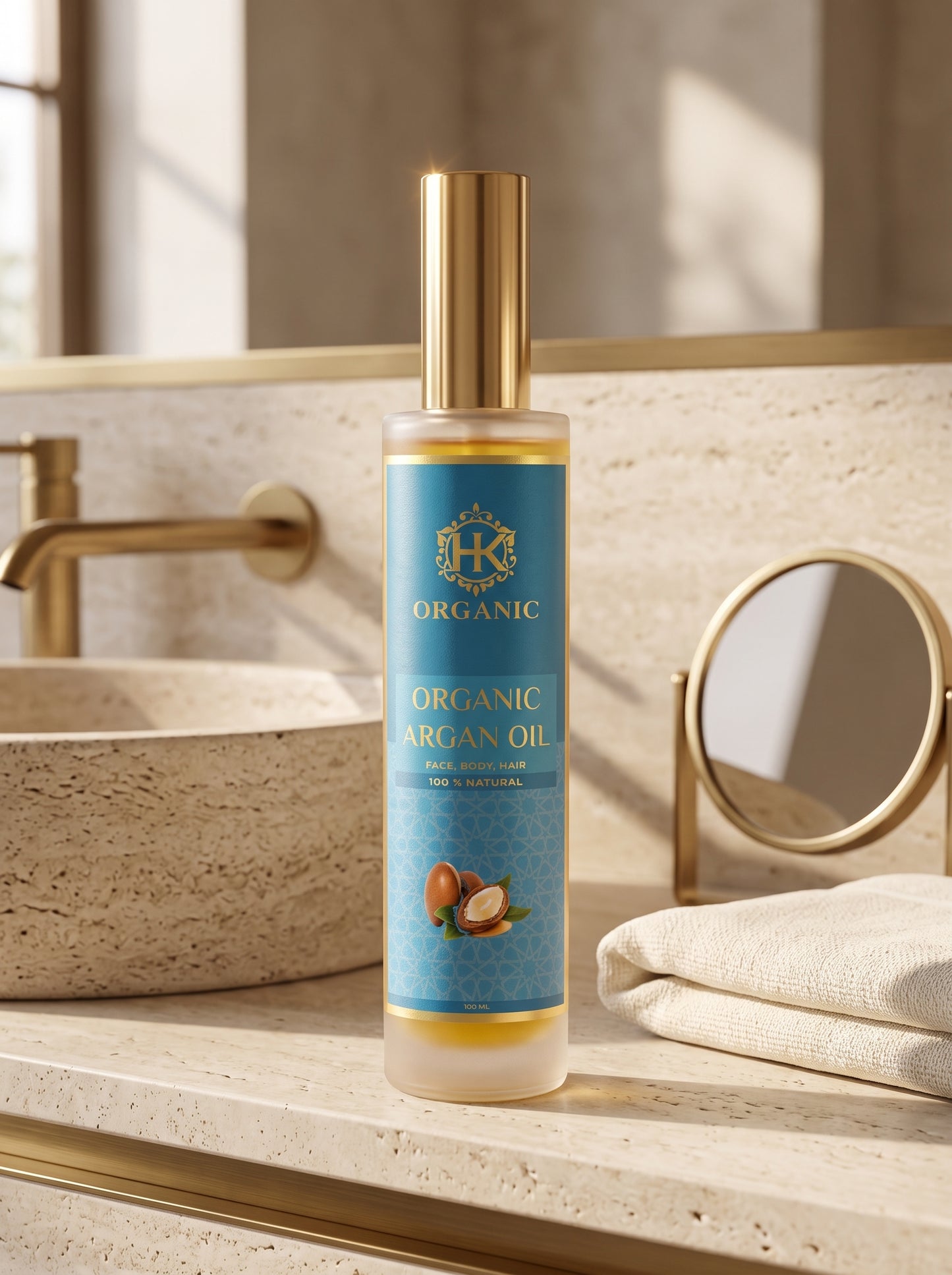 A bottle of Organic Argan Oil stands on a beige stone countertop in a bathroom setting, with a sink, folded towel, and small mirror visible in the background.