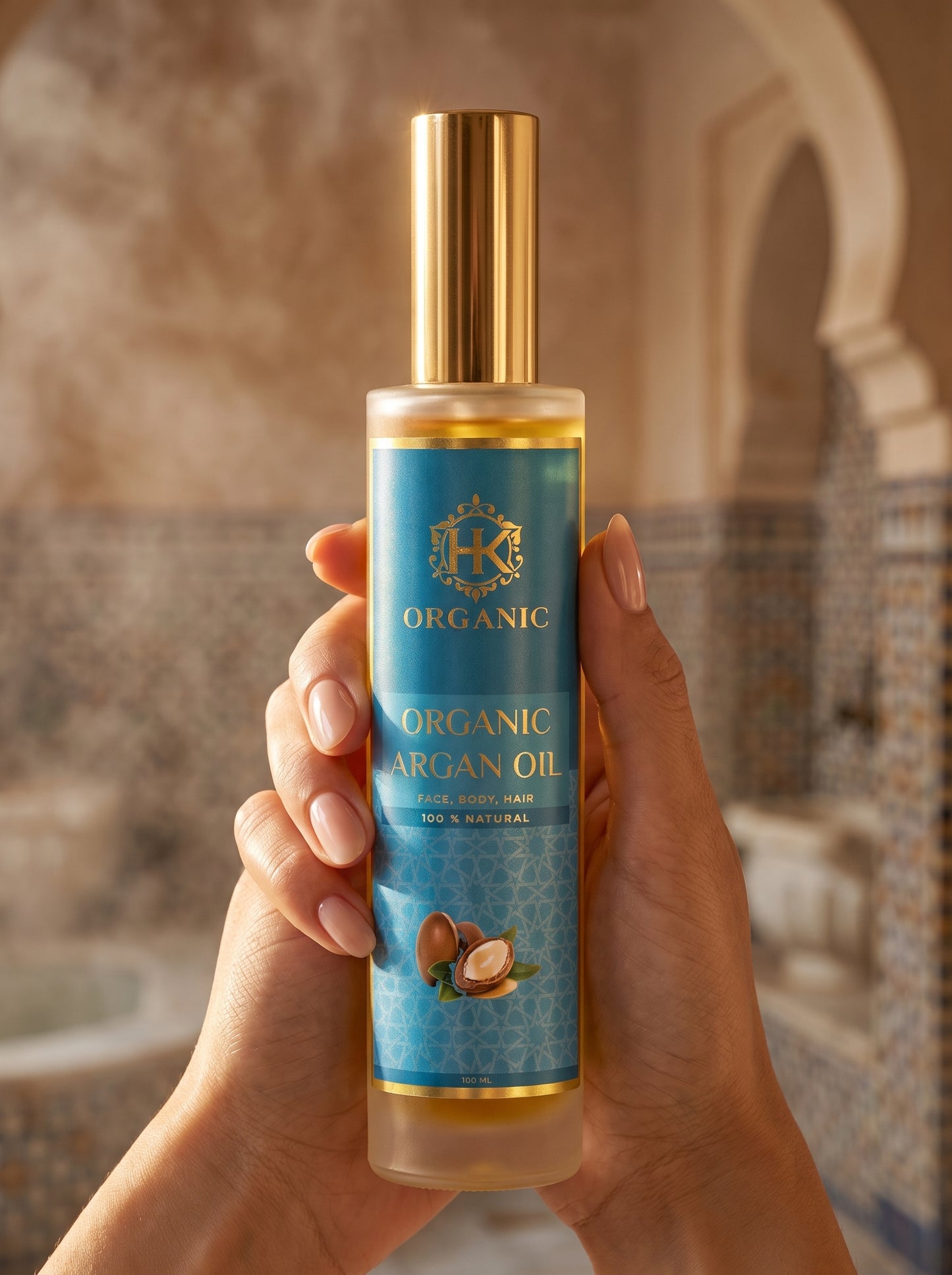 A hand holding a bottle of Organic Argan Oil against a blurred warm-toned background with arches and tile details.