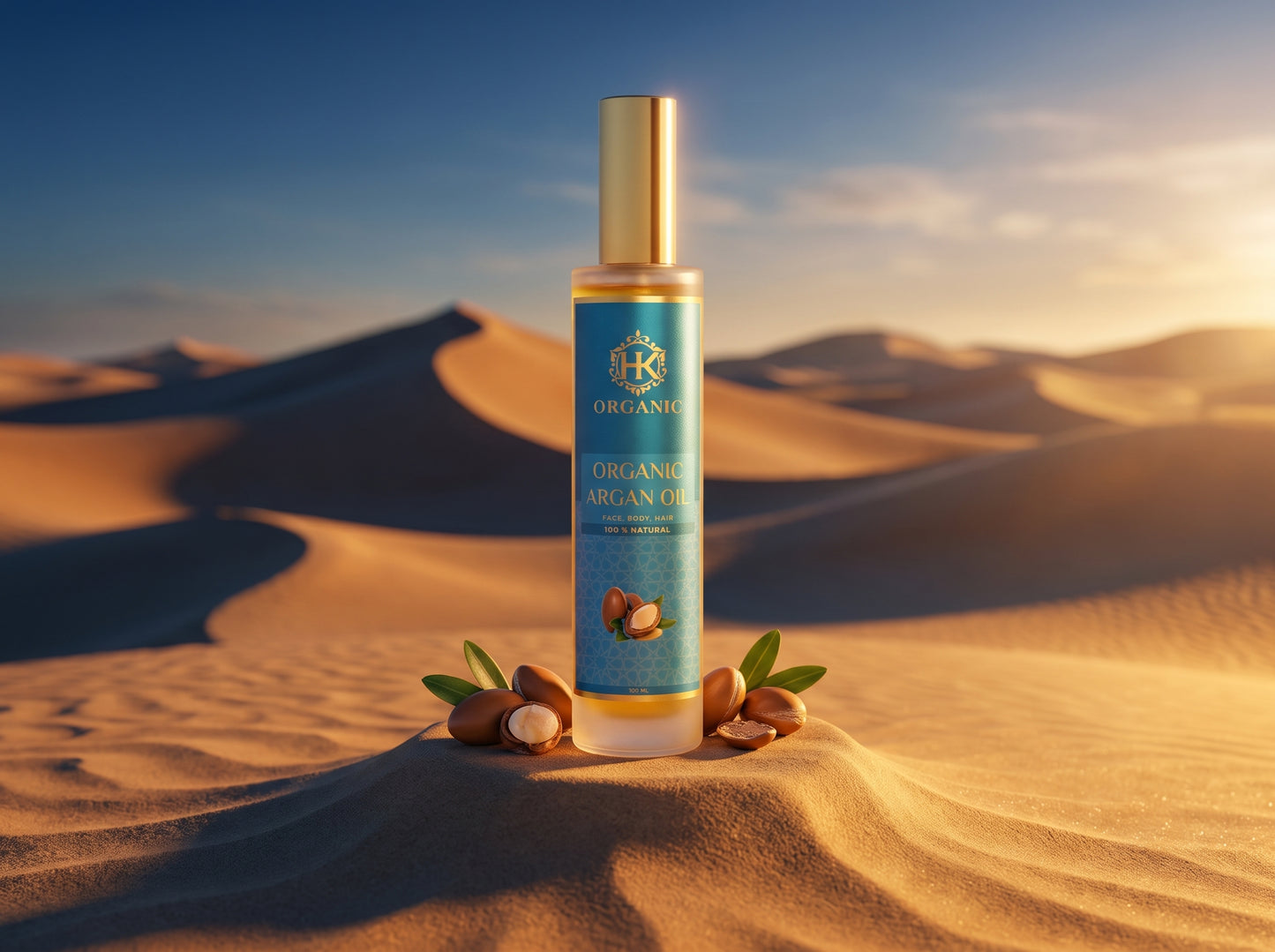A bottle of organic argan oil stands upright on sand dunes, surrounded by argan nuts and green leaves, with a desert landscape and blue sky in the background.
