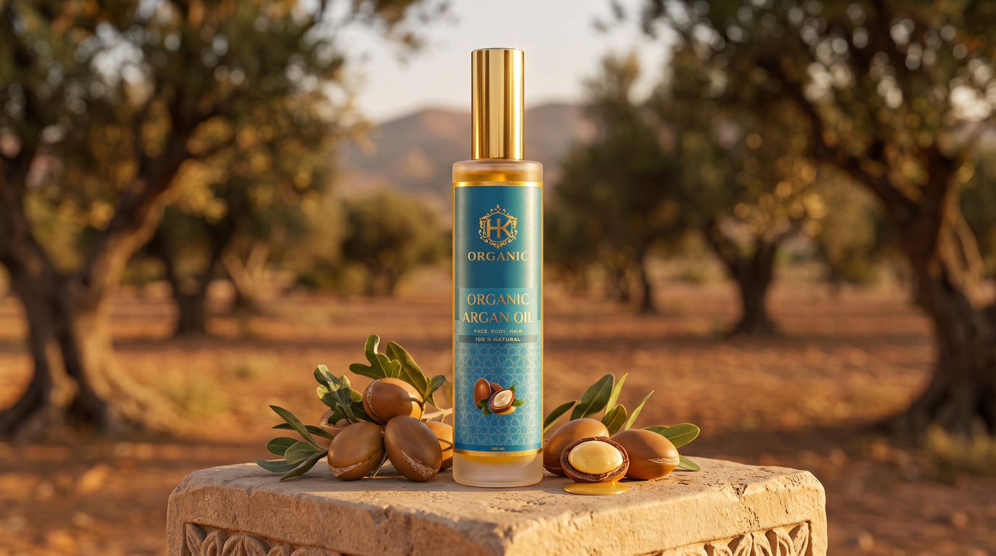 A bottle of Organic Almond Hair Oil stands on a stone pedestal outdoors in an olive grove, surrounded by whole and halved almonds with green leaves. The bottle has a gold cap and a blue label with gold text.