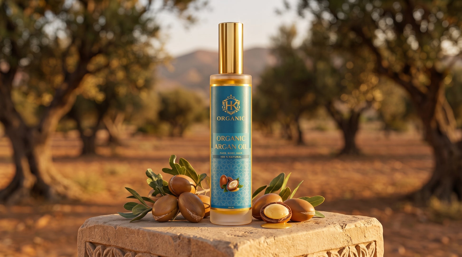 A bottle of Organic Almond Hair Oil stands on a stone pedestal outdoors in an olive grove, surrounded by whole and halved almonds with green leaves. The bottle has a gold cap and a blue label with gold text.