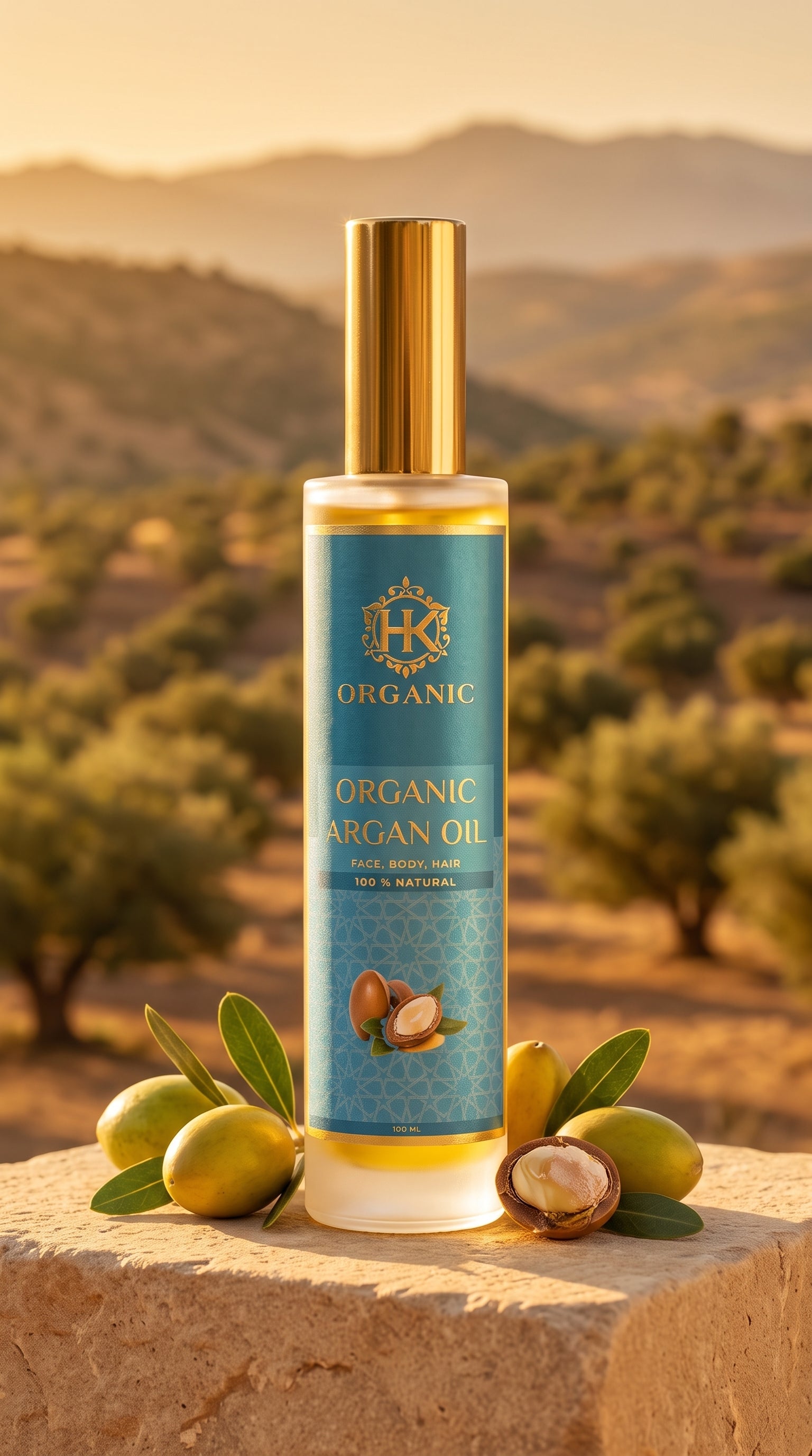 A bottle of Organic Argan Oil stands on a stone surface with whole and halved argan nuts and green leaves around it, set against a blurred outdoor landscape of olive trees and hills at golden hour.