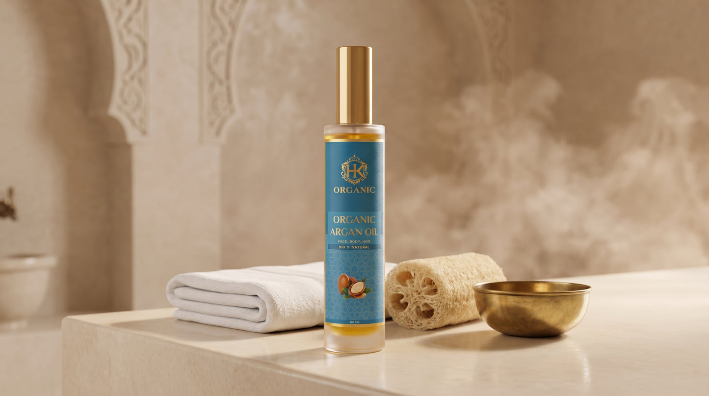 A bottle of Organic Coconut Argan Oil stands on a marble surface with a folded white towel, a natural loofah sponge, and a small brass bowl in a warm, steamy bathroom setting.
