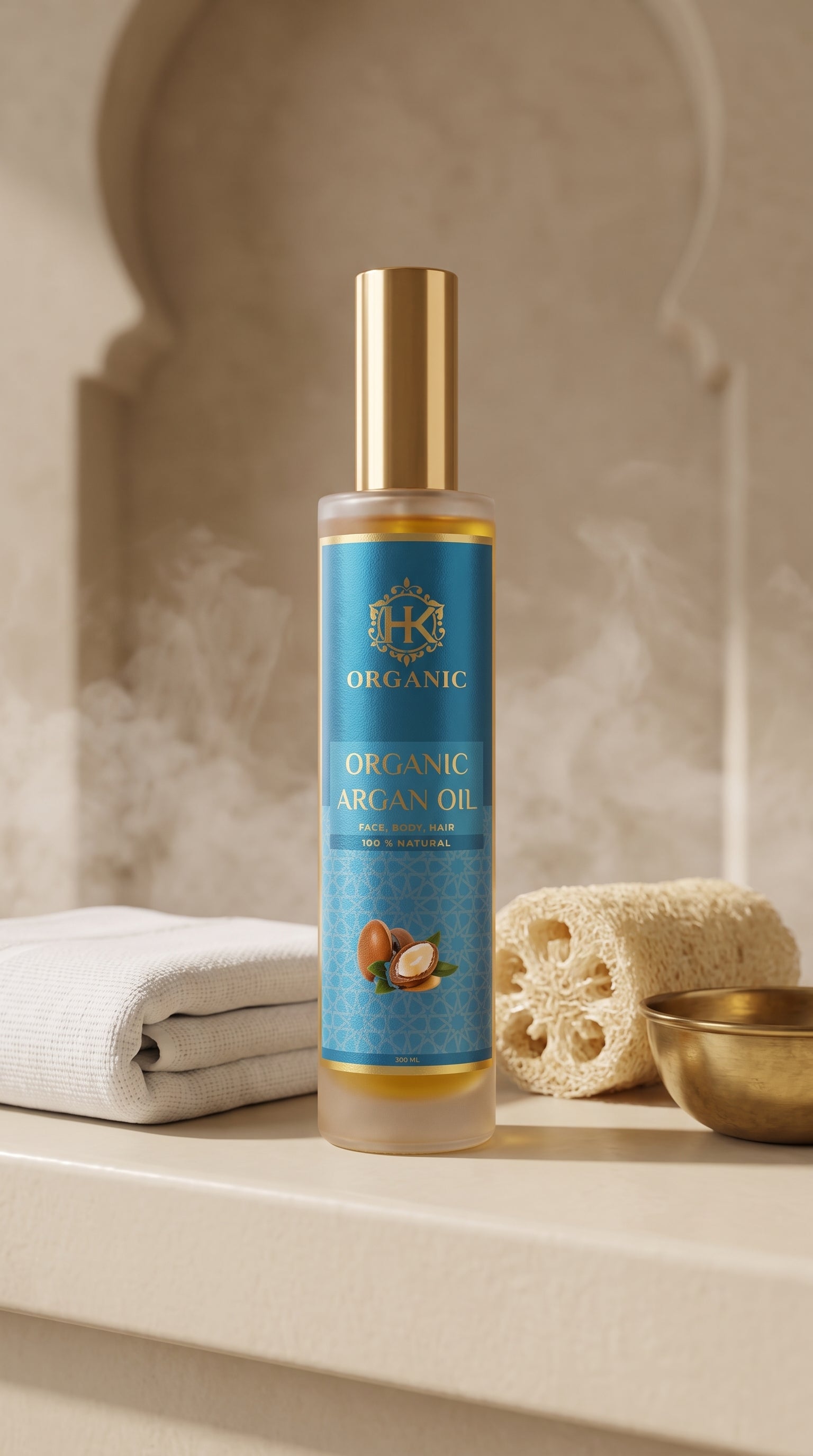 A bottle of Organic Argan Oil with a gold cap and blue label, styled on a beige stone surface with a folded white towel, a natural sponge, and a small brass bowl.