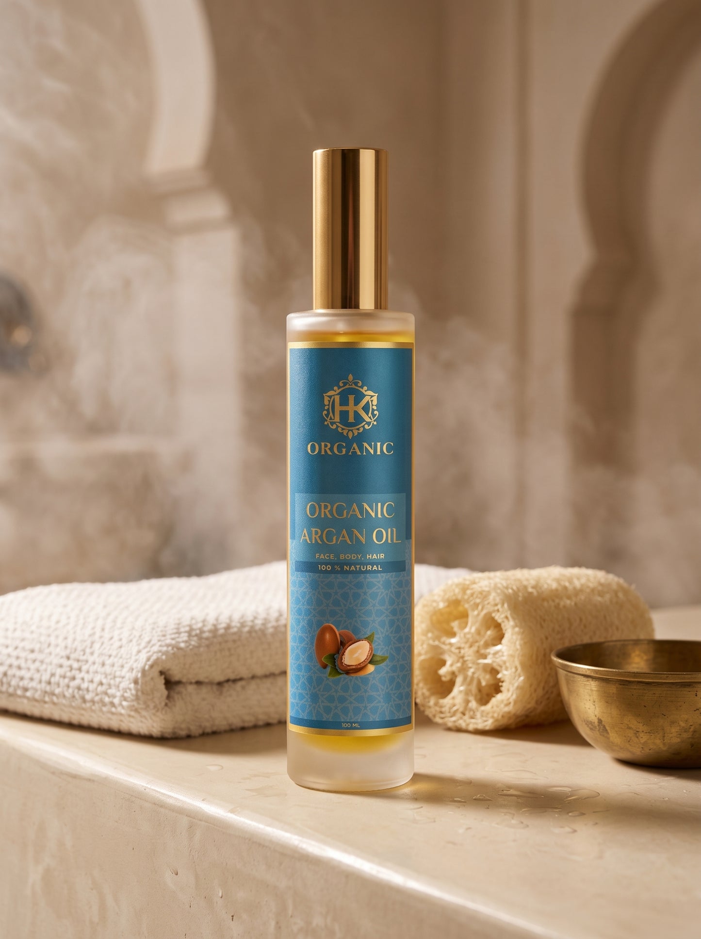 A bottle of Organic Argan Oil by the brand HK.